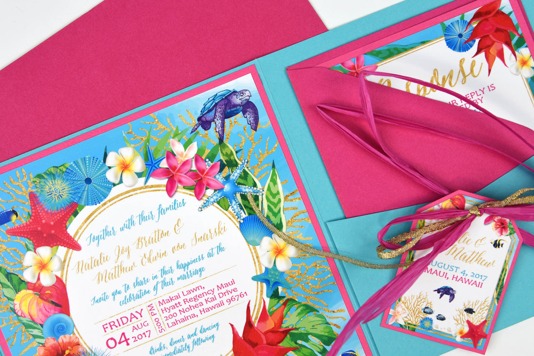 Hot Pink/Turquoise Tropical Flowers, Leaves and Seashells Beach Wedding Suite