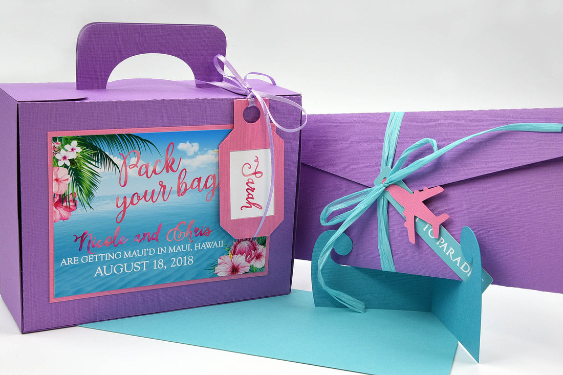 Ticket to Paradise Boarding Pass Invitation and coordinating luggage box.