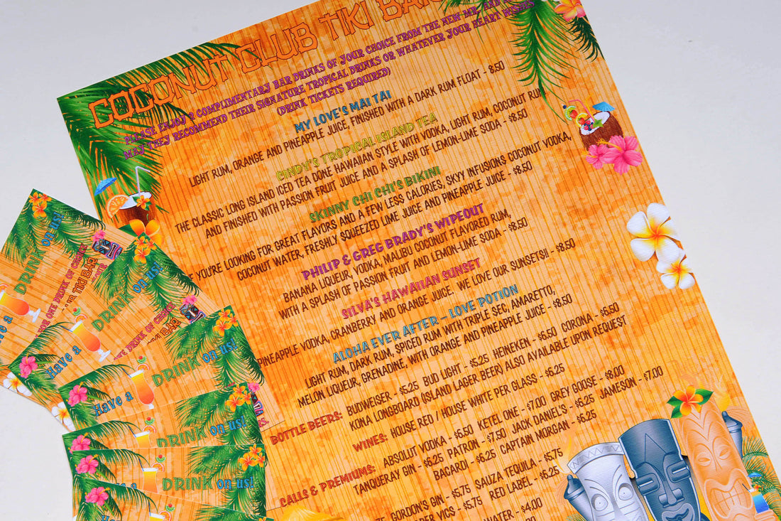 Tiki Themed Bar Drink Menu and Tickets