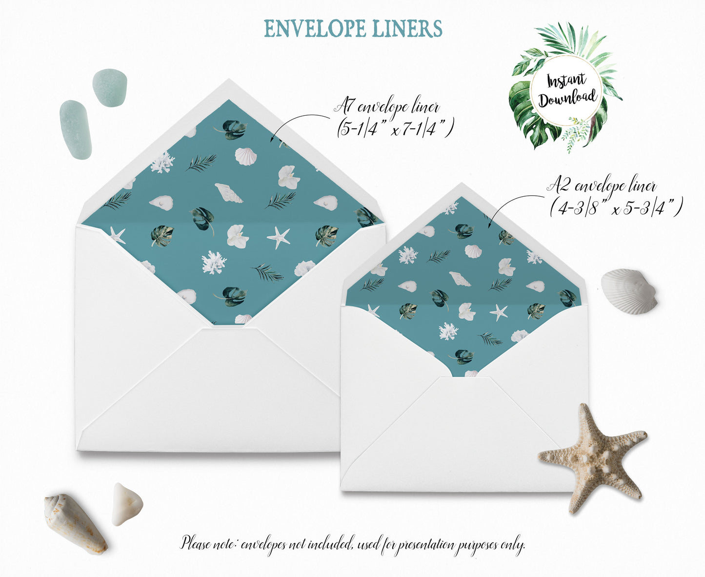 Beach Tropical Sea Shells Coral Coconut Watercolor A2 & A7 Euro Flap Envelope Liners Digital "Instant Download" -"White Coral"
