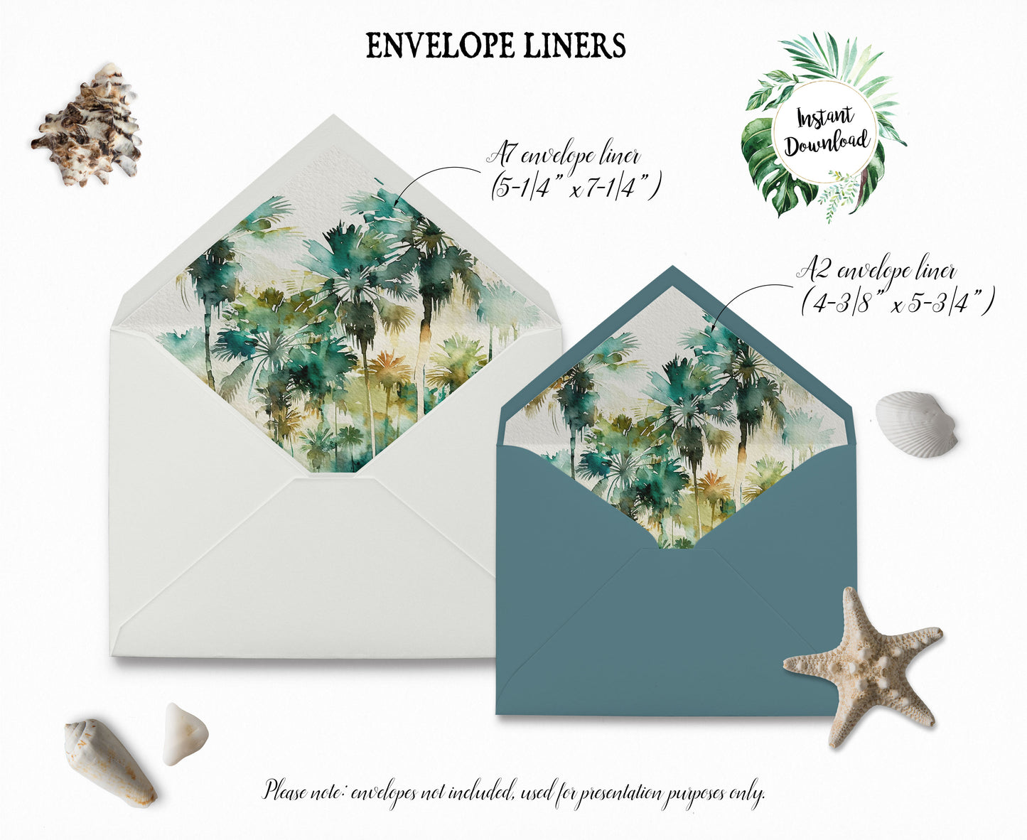 Digital "Instant Download" Beach Tropical Palm Tree Watercolour Destination Wedding A7 & A2 Euro Flap Envelope Liners - "Tropical Palm"