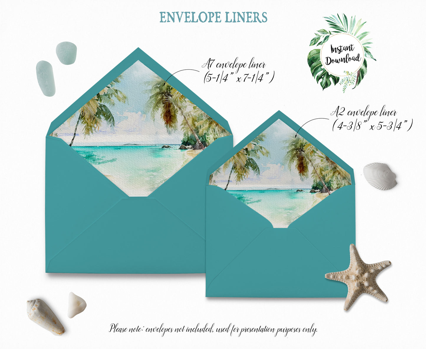 Digital "Instant Download" Beach Tropical Palm Trees Watercolour Destination Wedding A7 & A2 Euro Flap Envelope Liners - "PALM TREES"