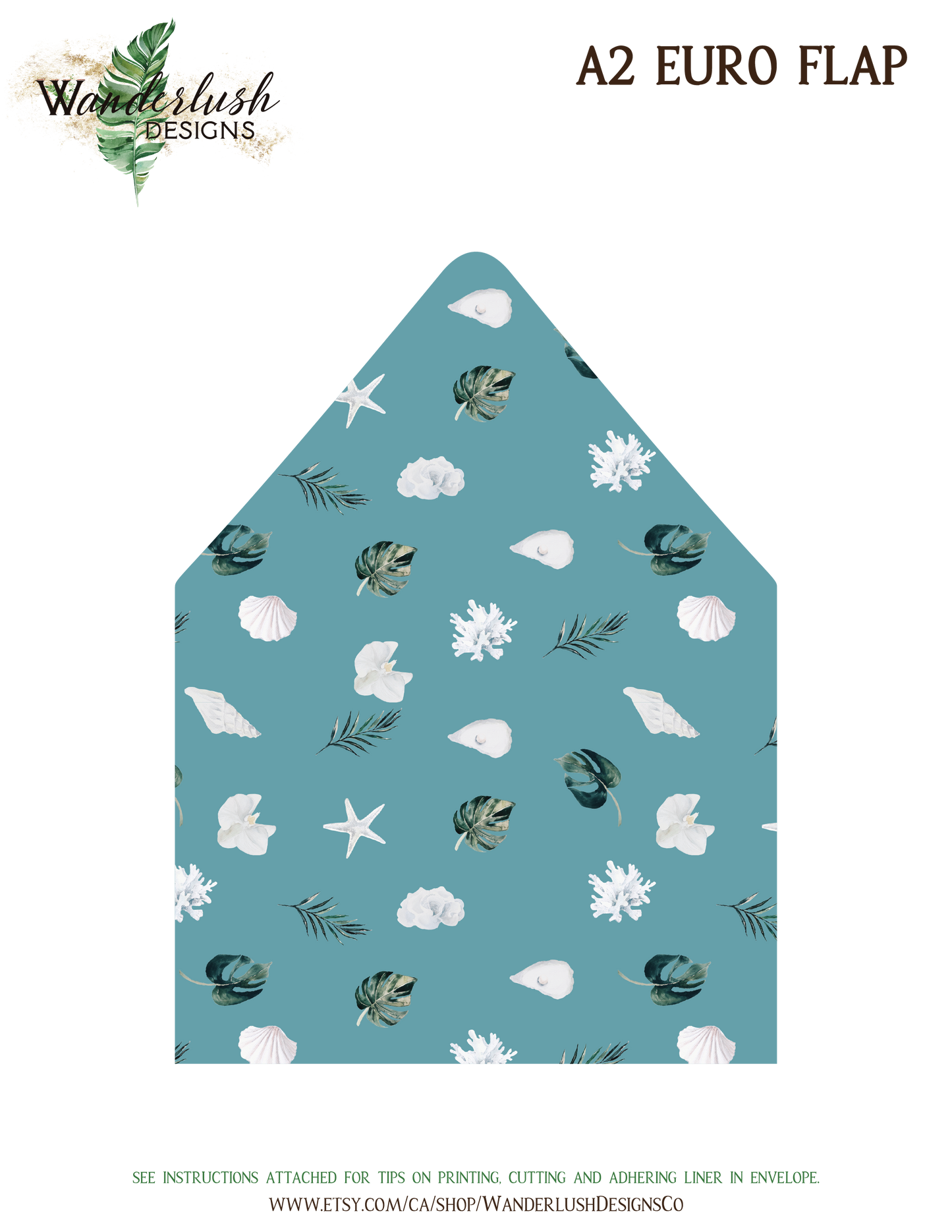 Beach Tropical Sea Shells Coral Coconut Watercolor A2 & A7 Euro Flap Envelope Liners Digital "Instant Download" -"White Coral"