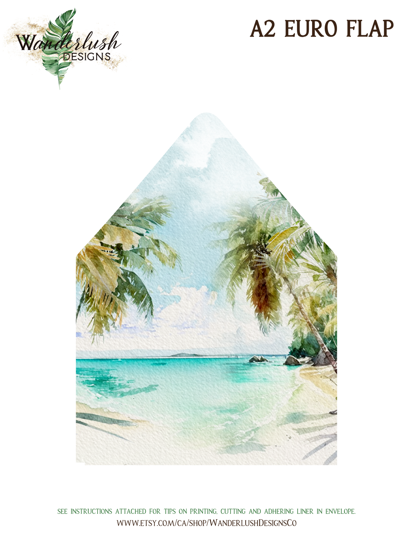Digital "Instant Download" Beach Tropical Palm Trees Watercolour Destination Wedding A7 & A2 Euro Flap Envelope Liners - "PALM TREES"