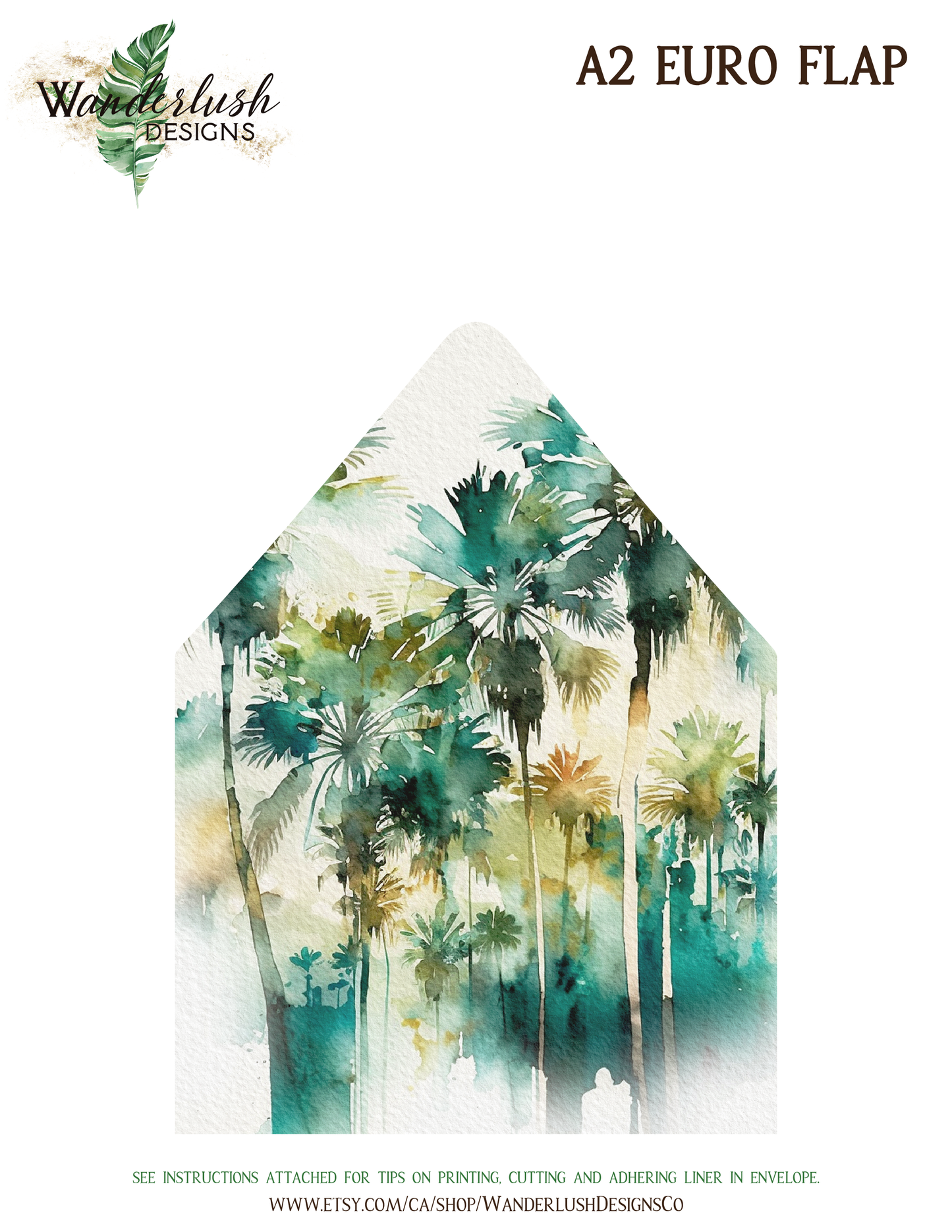 Digital "Instant Download" Beach Tropical Palm Tree Watercolour Destination Wedding A7 & A2 Euro Flap Envelope Liners - "Tropical Palm"