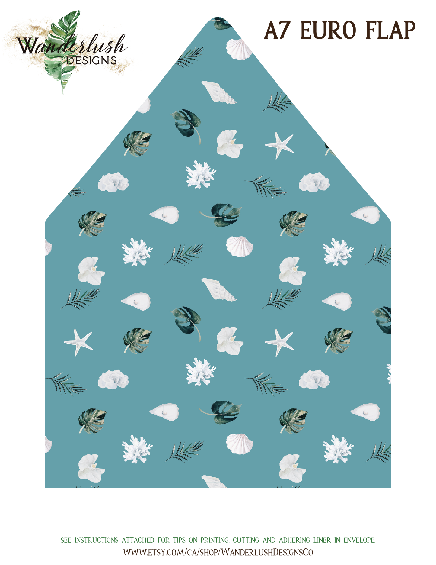 Beach Tropical Sea Shells Coral Coconut Watercolor A2 & A7 Euro Flap Envelope Liners Digital "Instant Download" -"White Coral"