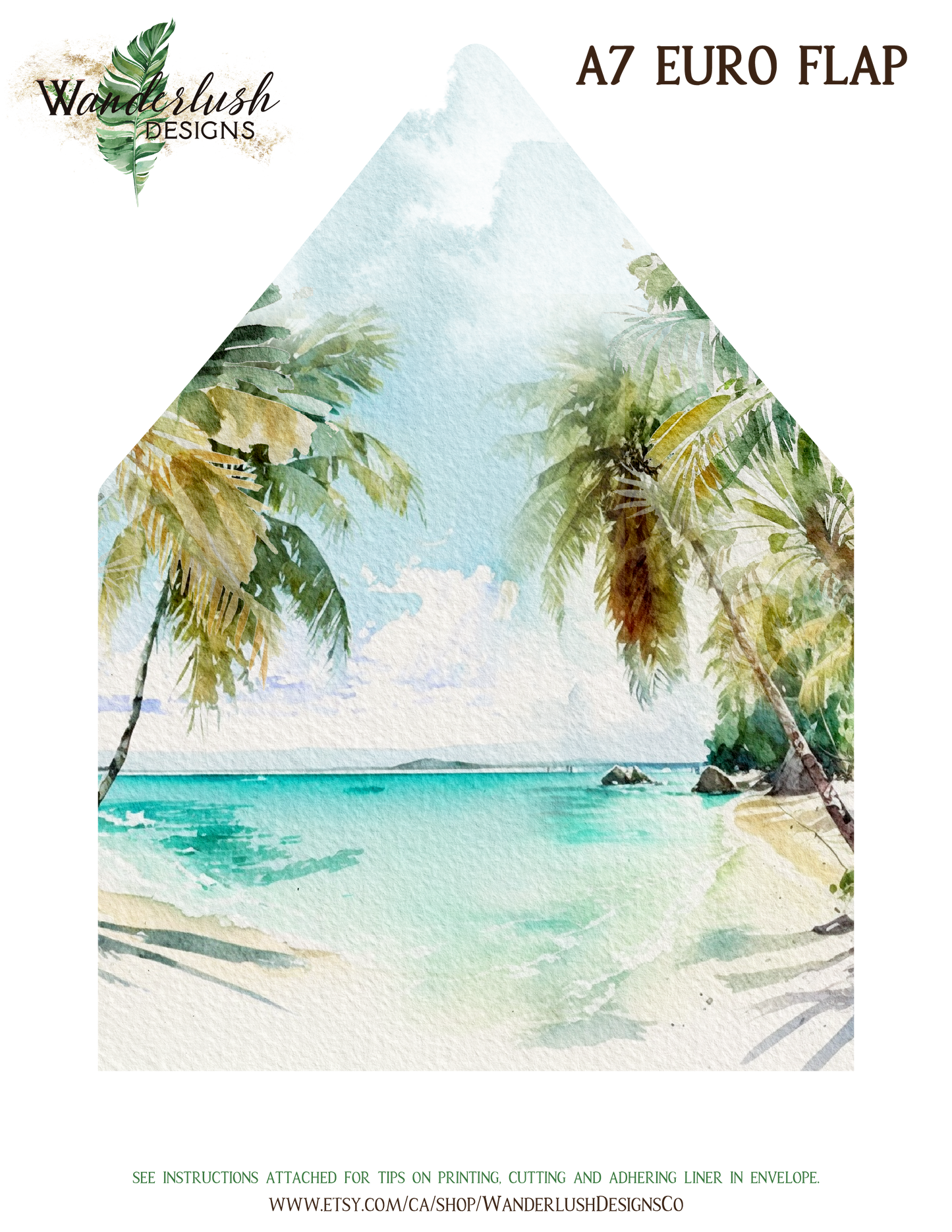 Digital "Instant Download" Beach Tropical Palm Trees Watercolour Destination Wedding A7 & A2 Euro Flap Envelope Liners - "PALM TREES"