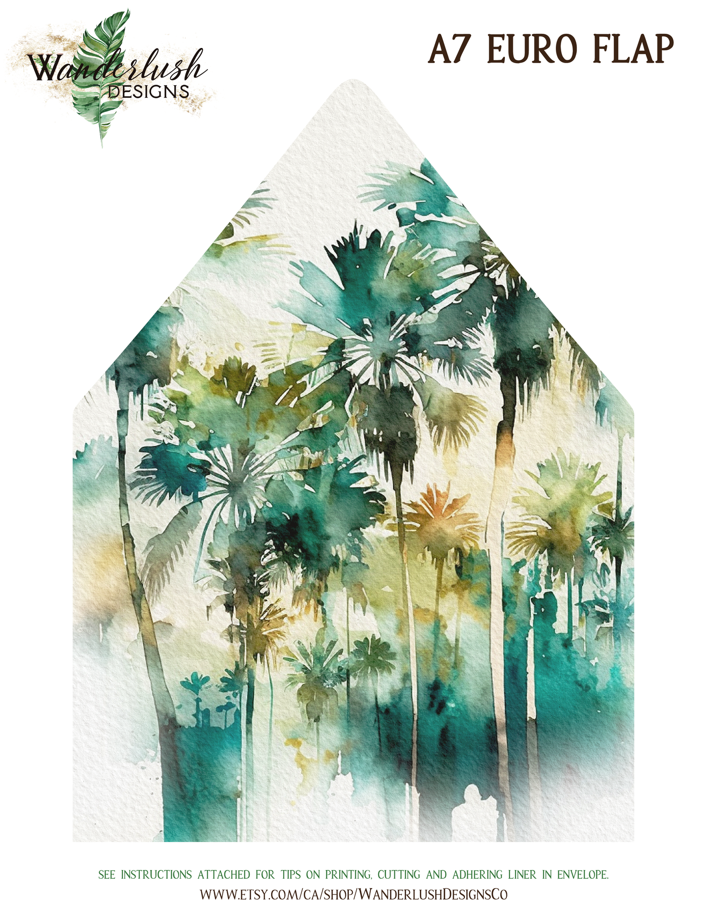 Digital "Instant Download" Beach Tropical Palm Tree Watercolour Destination Wedding A7 & A2 Euro Flap Envelope Liners - "Tropical Palm"
