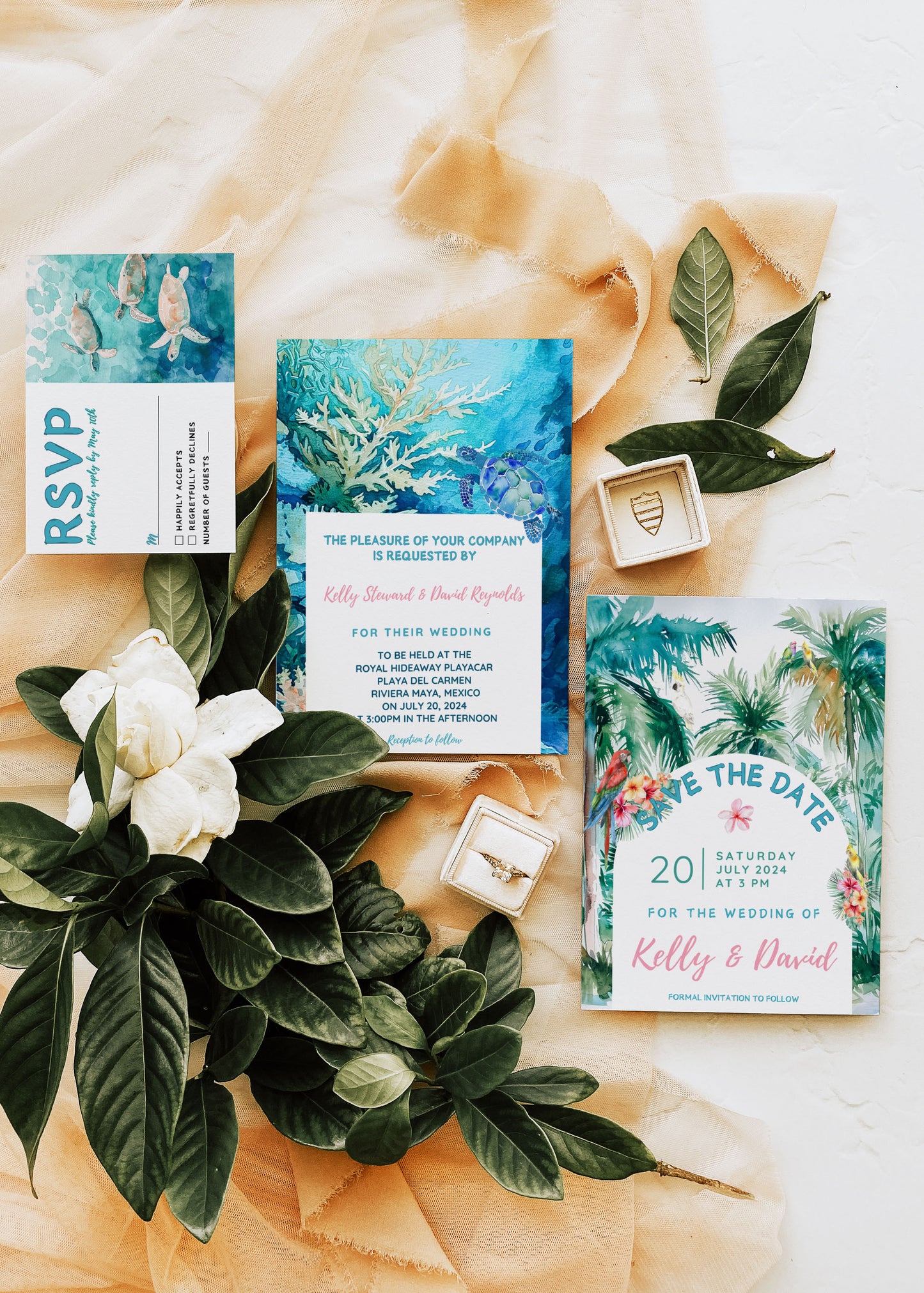 Beach Tropical Turtle Underwater Palm Tree Watercolour Destination Wedding Thank You Card 5.5x4.25" Instant Download - "Tropical Escape"