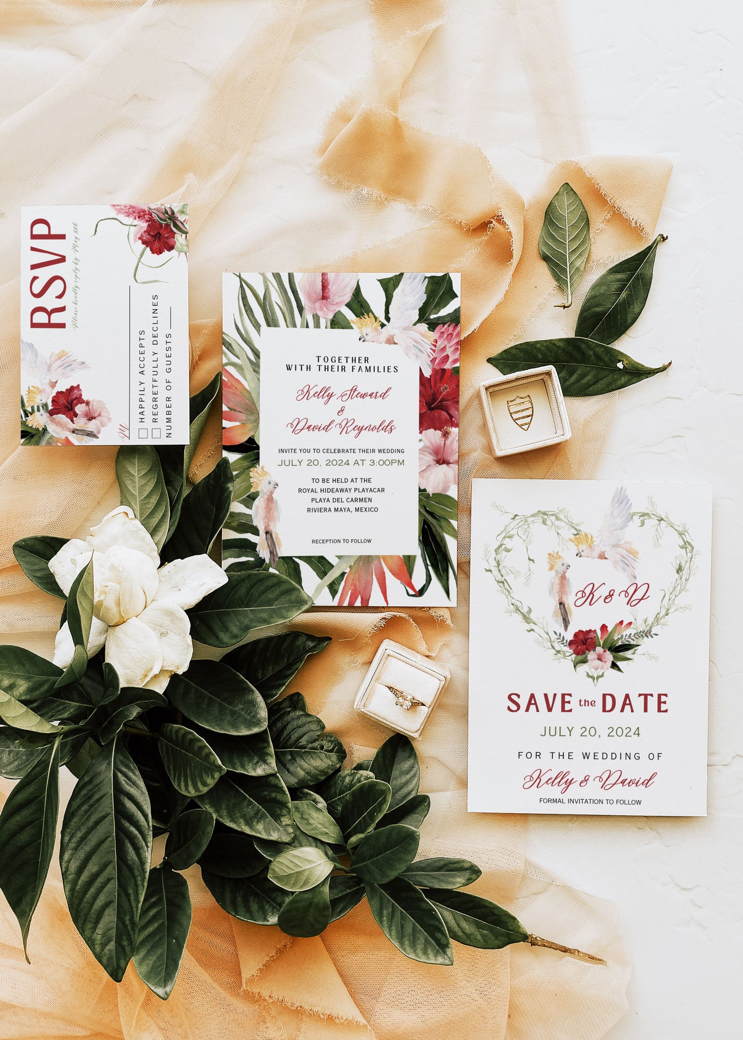 Beach Tropical Hibiscus Monstera Orchid Cockatoo Hawaii Mexico Watercolour Destination Wedding Menu 5x7" Instant Download - "Monstera"