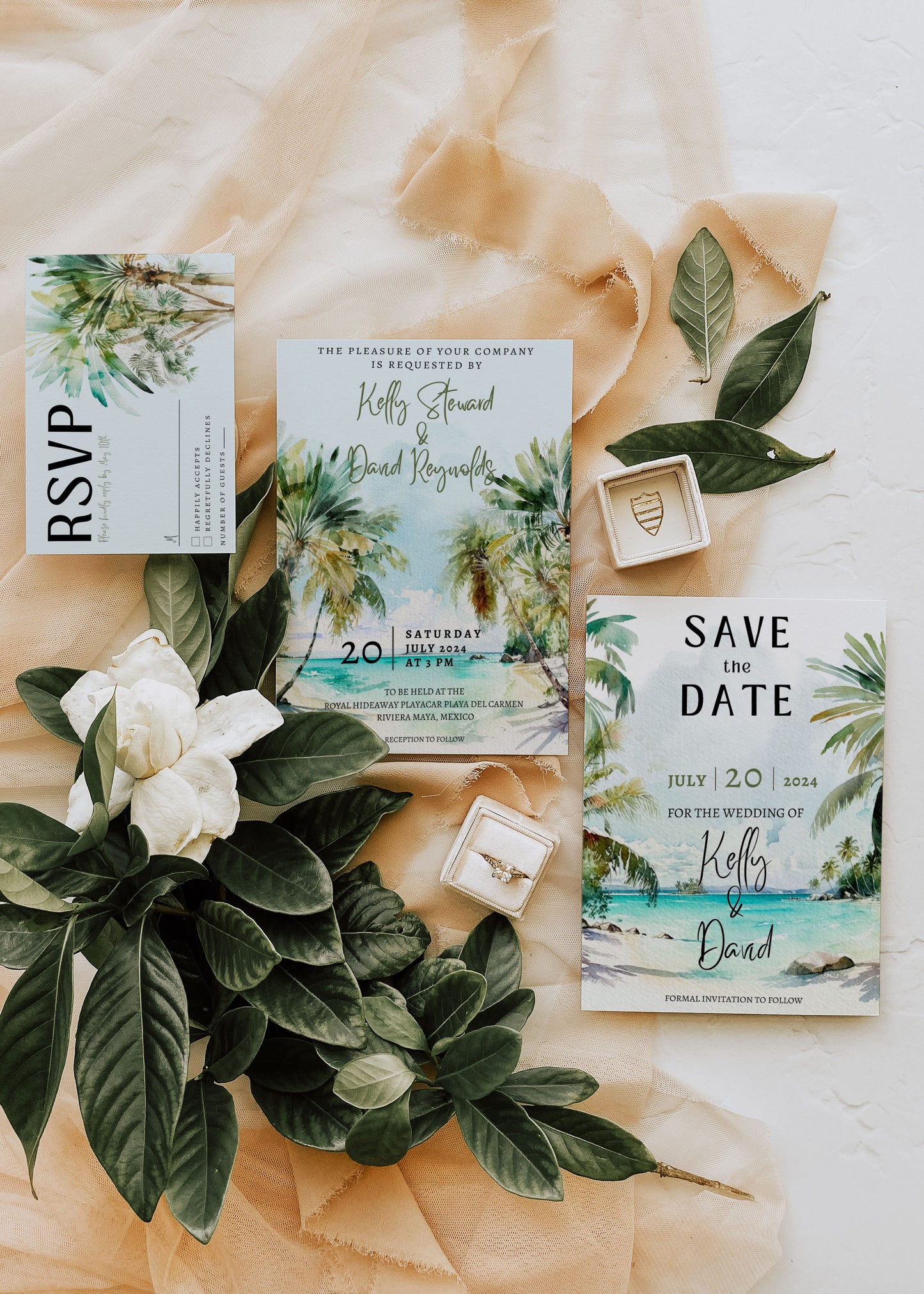Beach Tropical Palm Trees Watercolour Destination Wedding Invitation and RSVP Suite Instant Download - "PALM TREES"