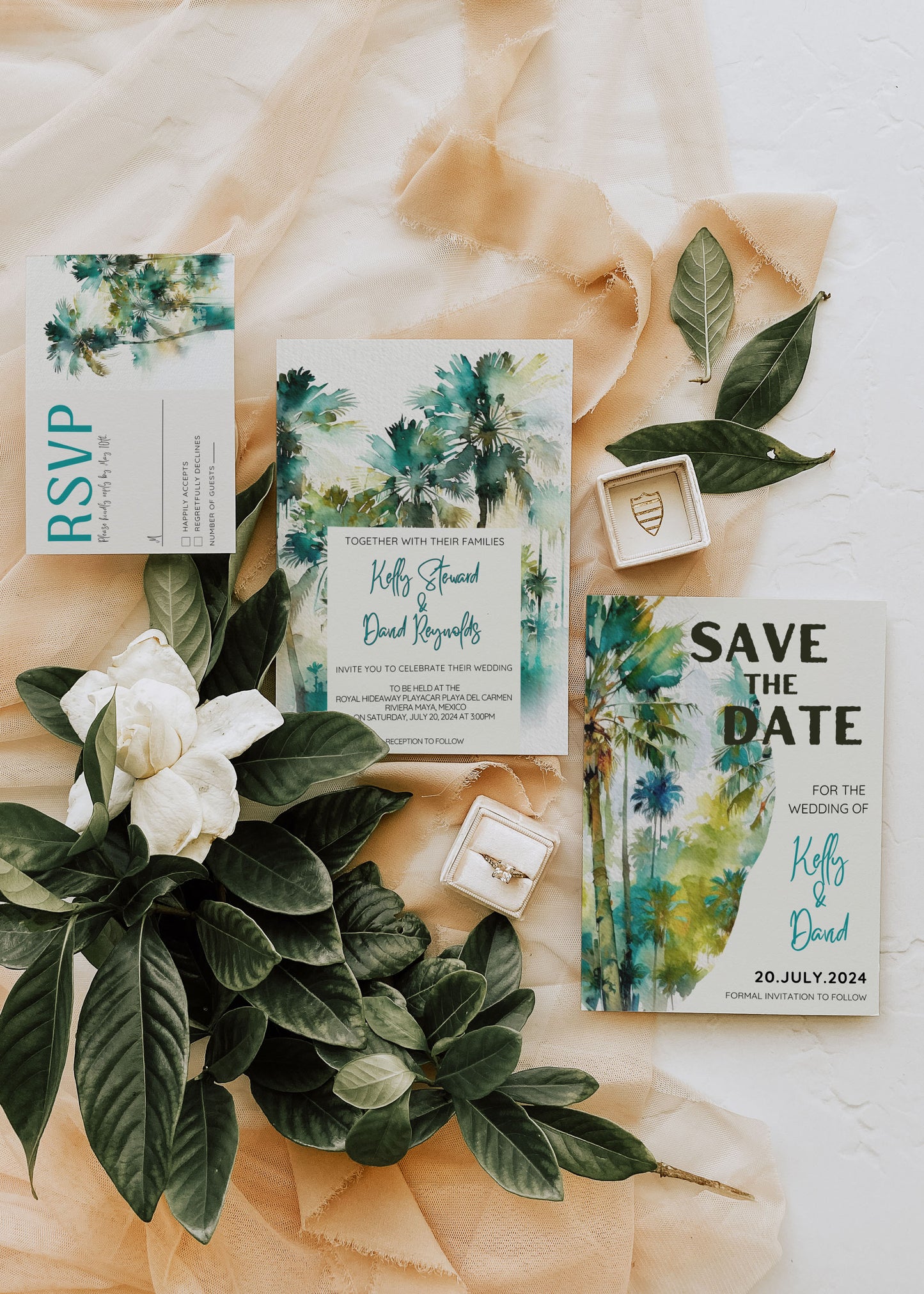 Beach Tropical Palm Tree Jungle Watercolour Destination Wedding Invitation and RSVP Suite Instant Download - "Tropical Palm"