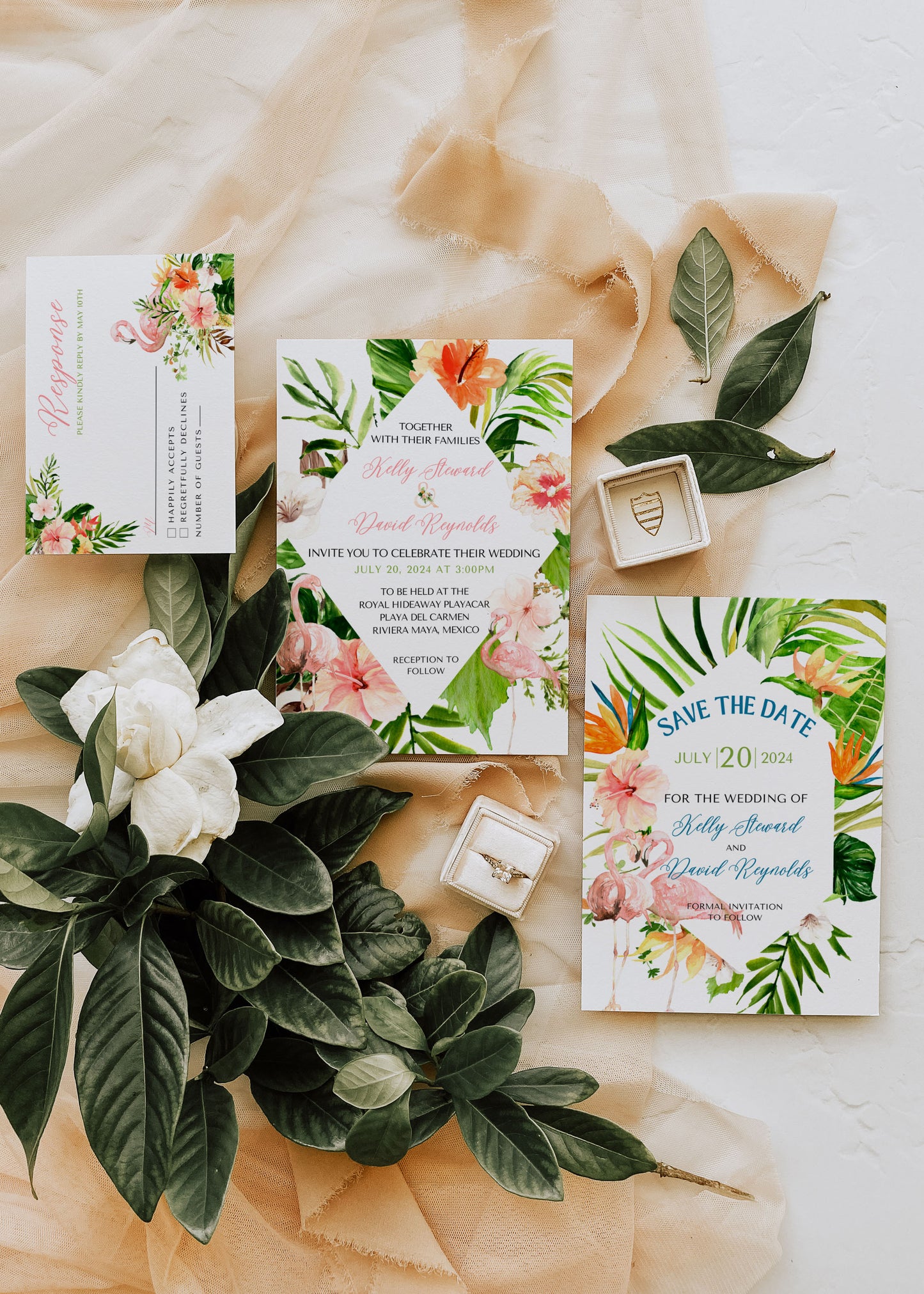 Beach Tropical Flamingo Hibiscus Frangipani Watercolour Destination Wedding Thank You Card 5.5x4.25" Instant Download - "Tropical Flamingo"