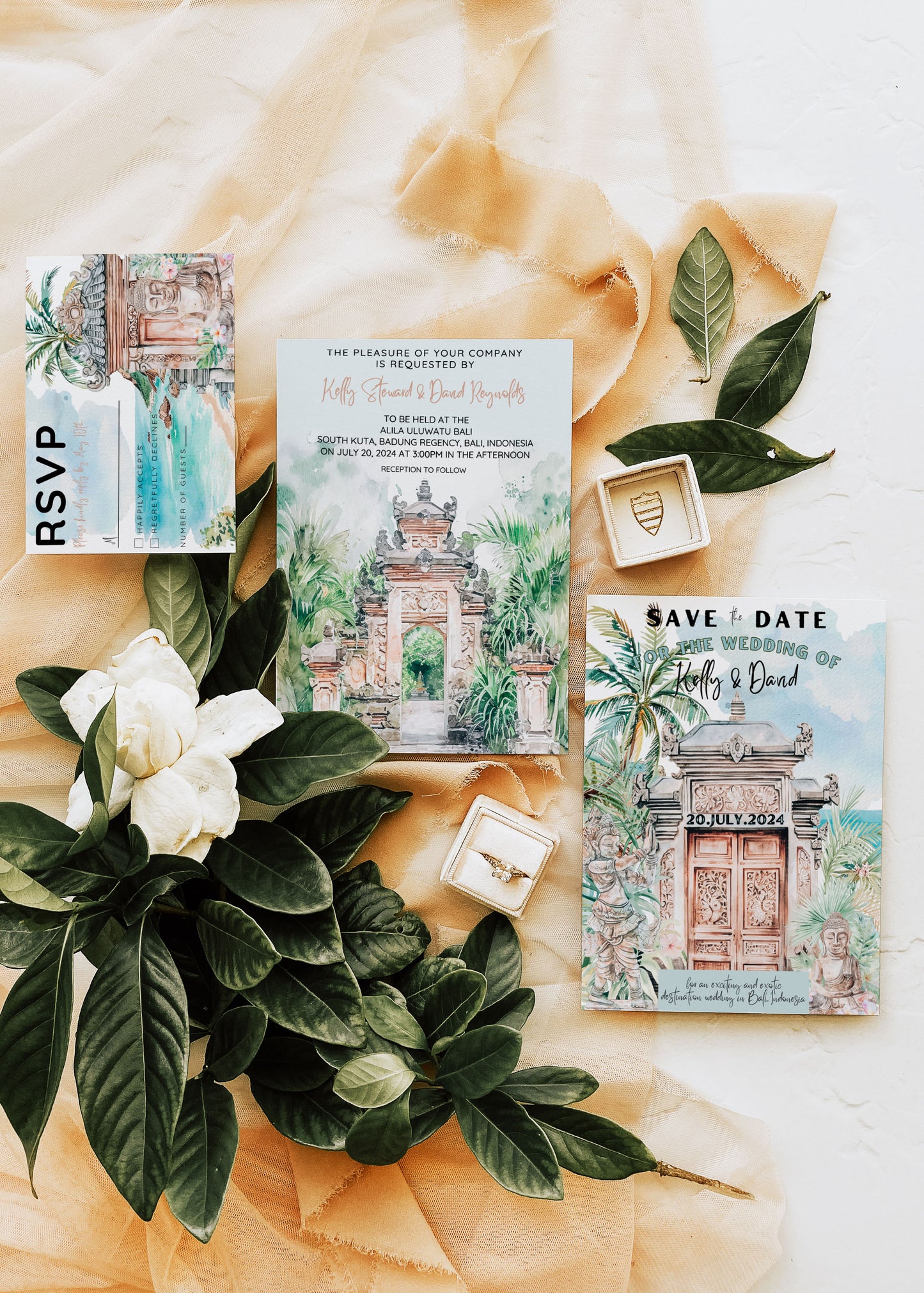Bali Beach Tropical Palm Tree Jungle Temples Buddha Watercolour Destination Wedding Invitation and RSVP Suite Instant Download - "Bali"