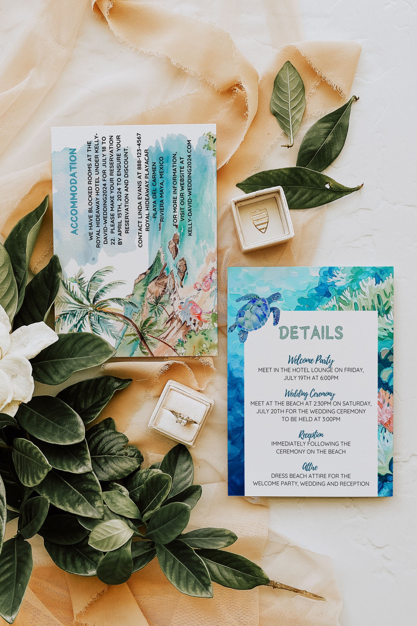 Beach Tropical Turtle Underwater Palm Tree Watercolour Destination Wedding Thank You Card 5.5x4.25" Instant Download - "Tropical Escape"