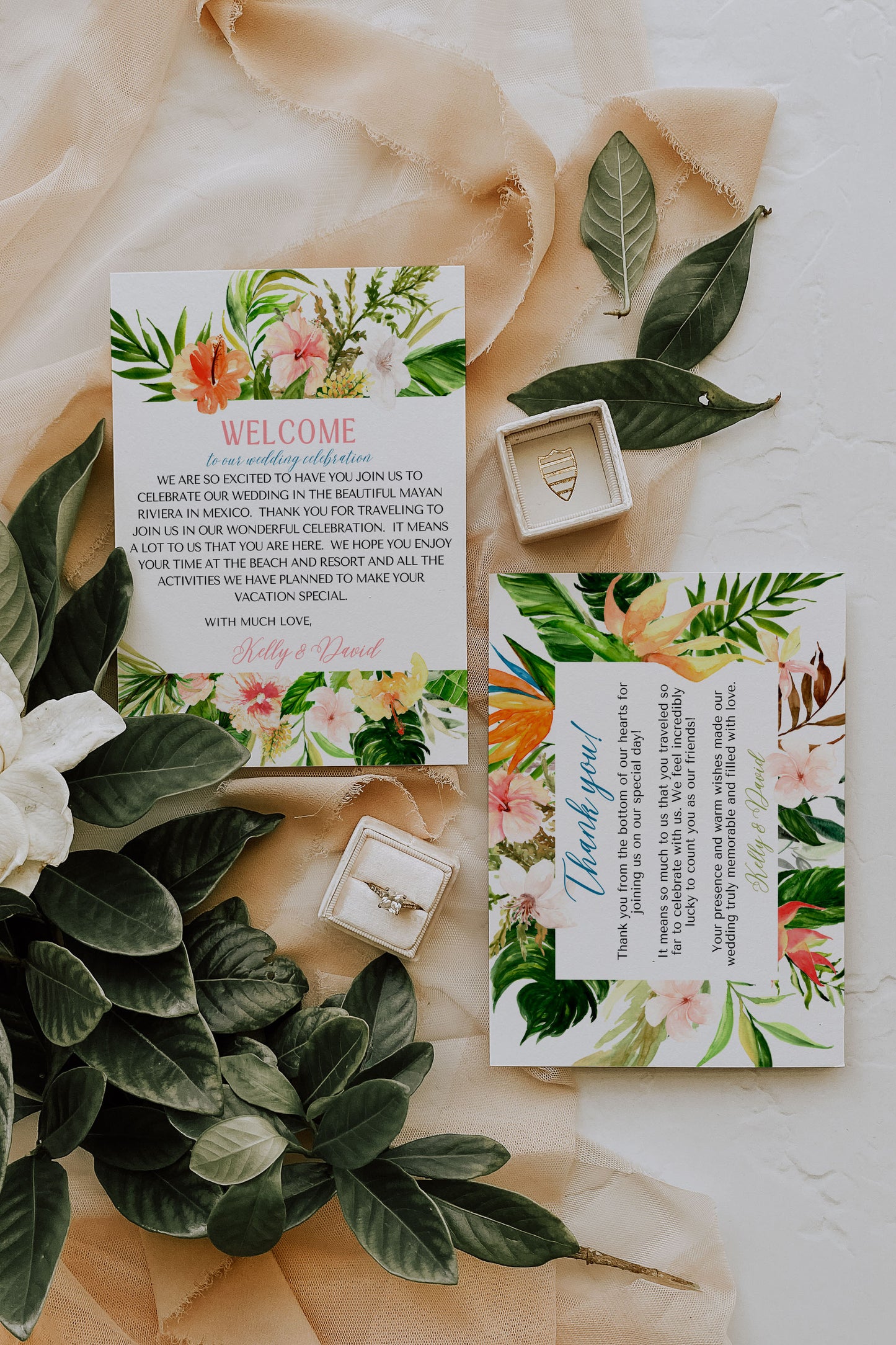 Beach Tropical Flamingo Hibiscus Frangipani Watercolour Destination Wedding Thank You Card 5.5x4.25" Instant Download - "Tropical Flamingo"