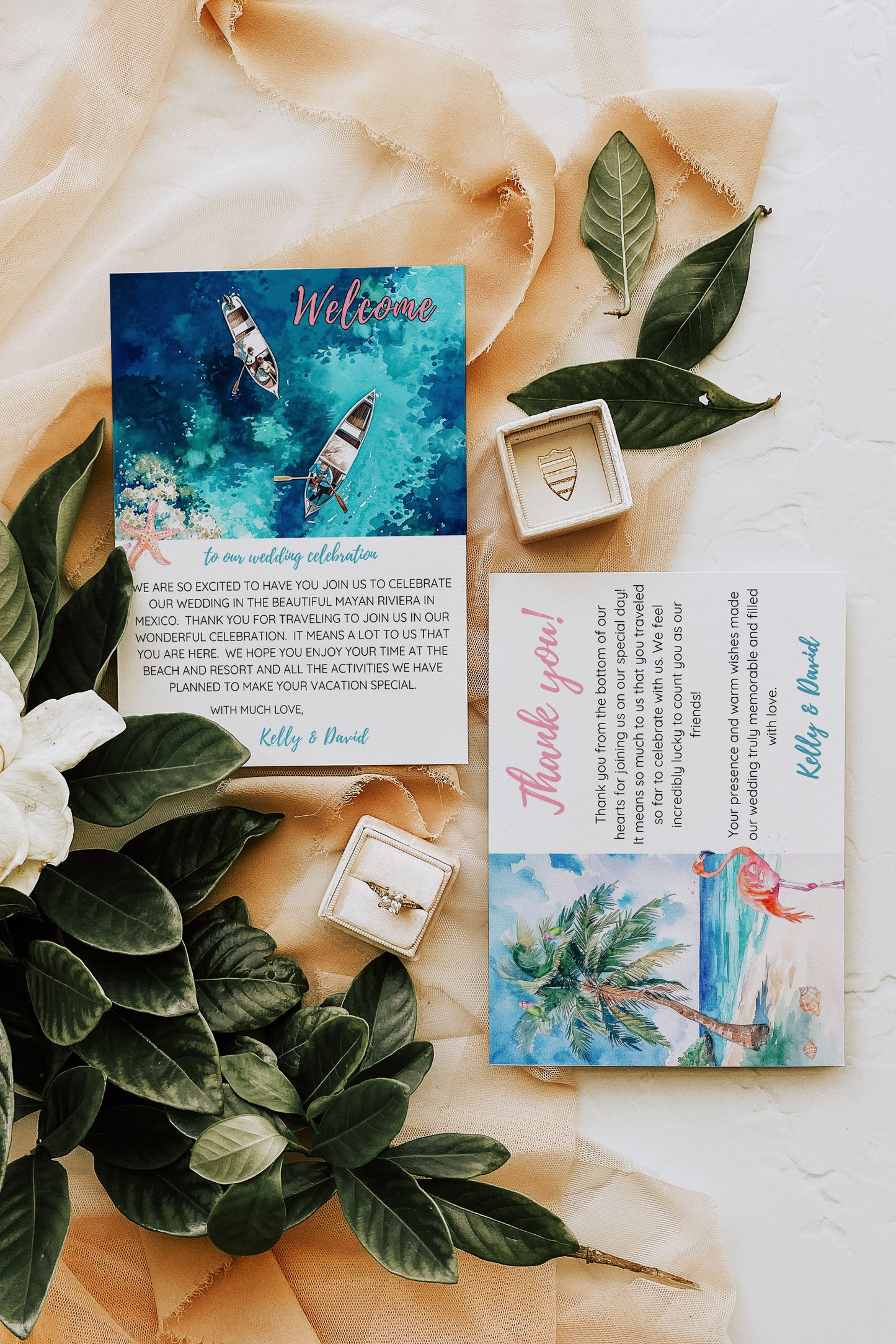 Beach Tropical Turtle Underwater Palm Tree Watercolour Destination Wedding Thank You Card 5.5x4.25" Instant Download - "Tropical Escape"