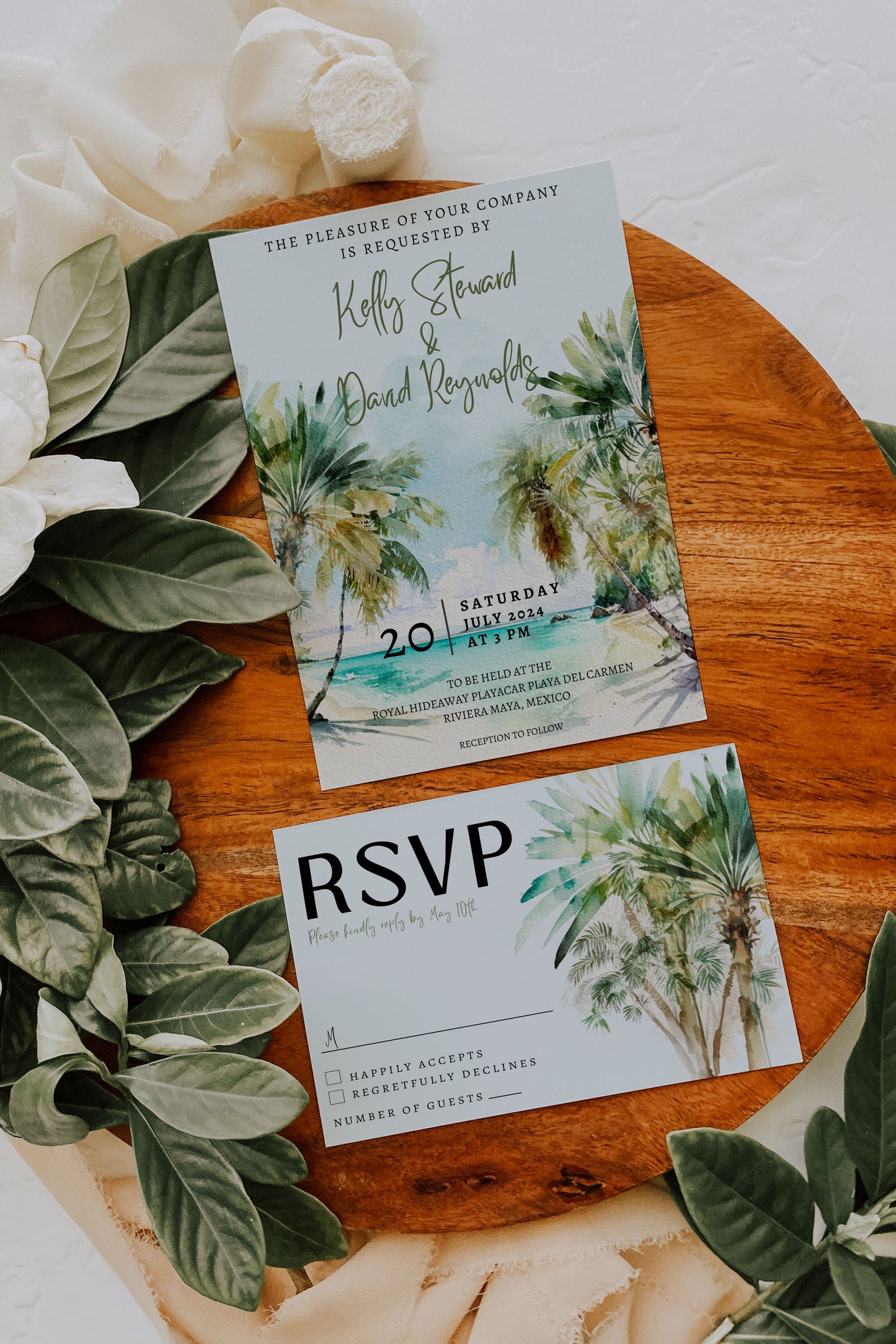 Beach Tropical Palm Trees Watercolour Destination Wedding Invitation and RSVP Suite Instant Download - "PALM TREES"