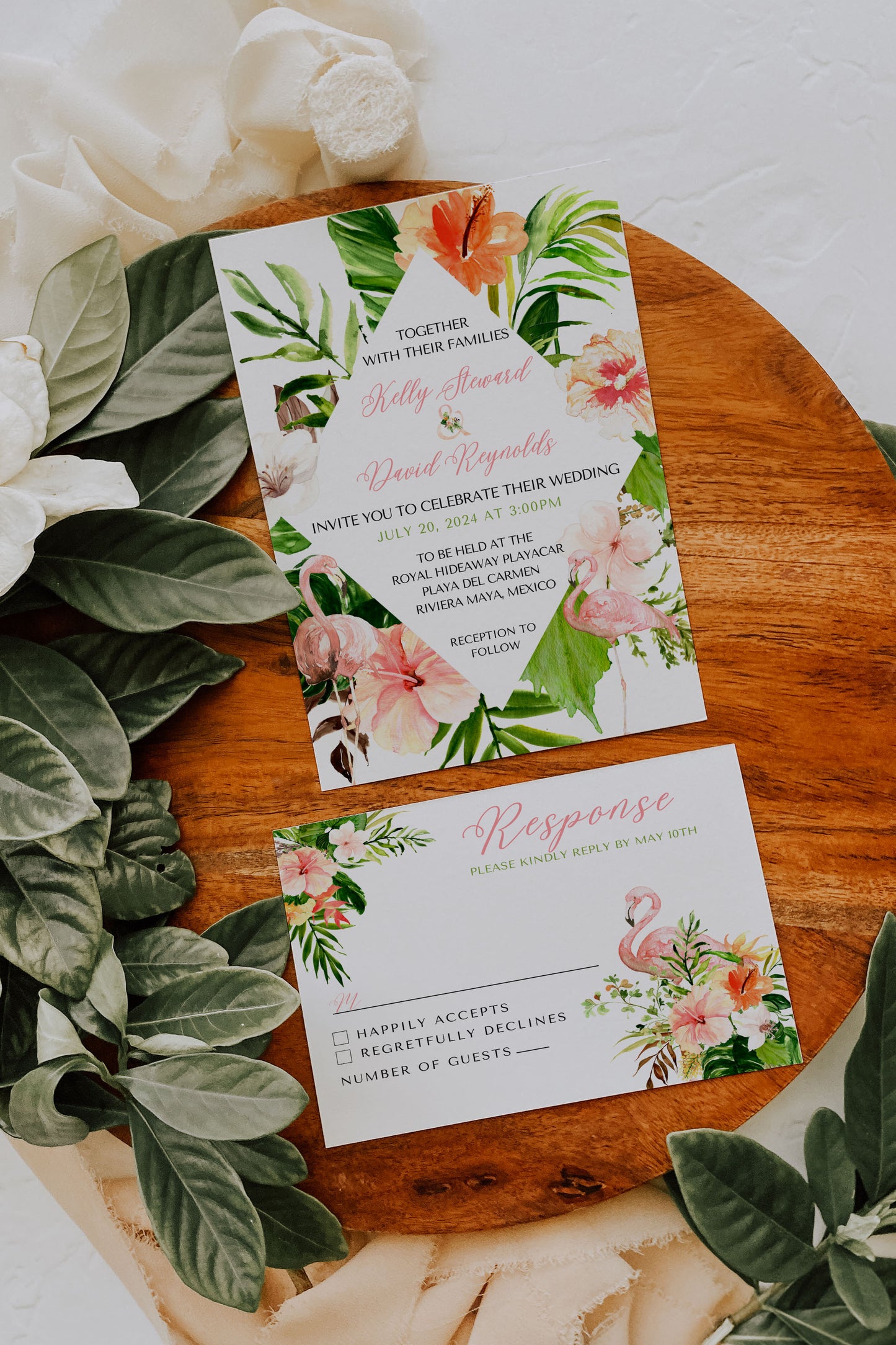 Beach Tropical Flamingo Hibiscus Frangipani Watercolour Destination Wedding Thank You Card 5.5x4.25" Instant Download - "Tropical Flamingo"