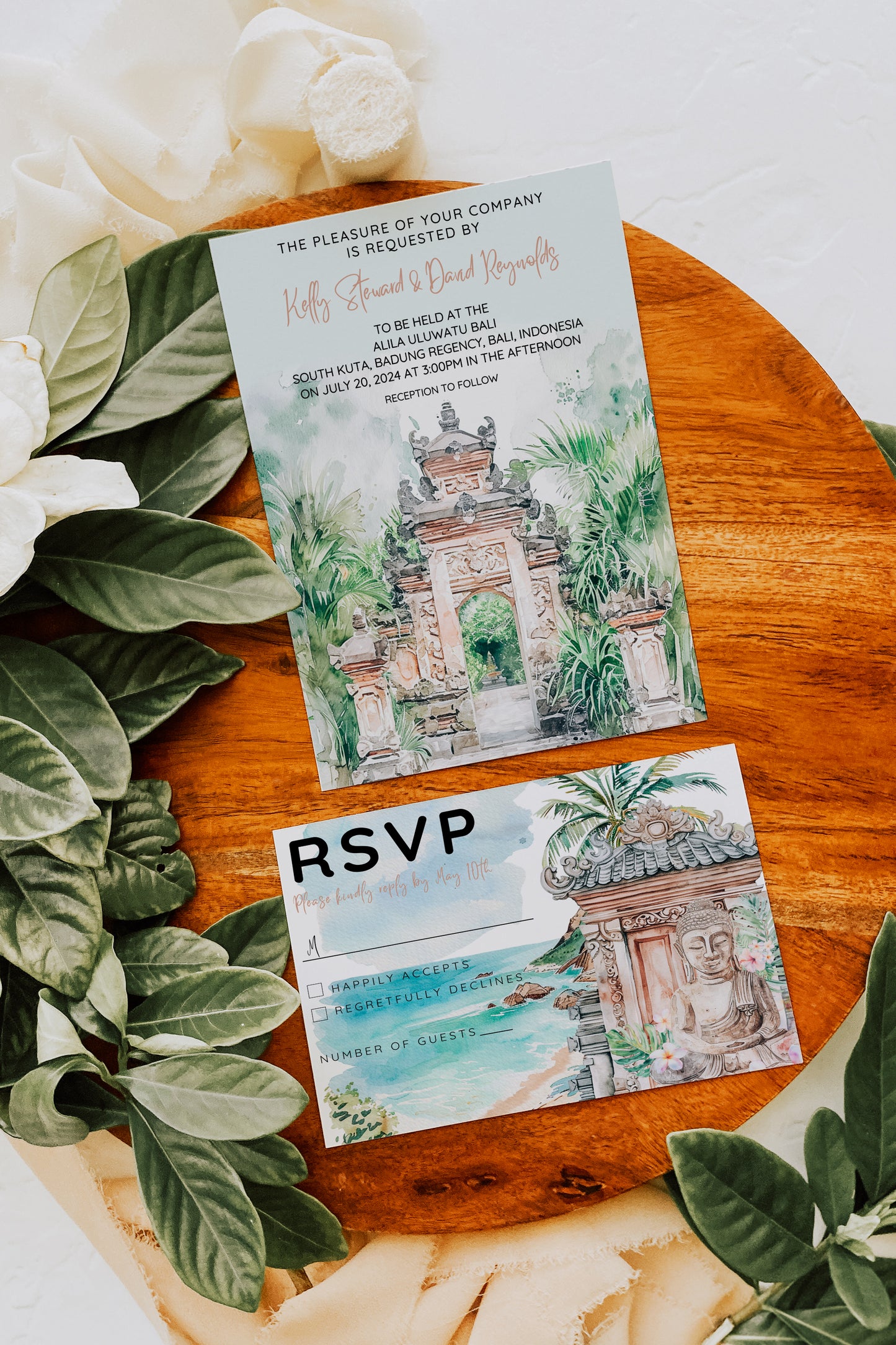 Bali Beach Tropical Palm Tree Jungle Temples Buddha Watercolour Destination Wedding Invitation and RSVP Suite Instant Download - "Bali"
