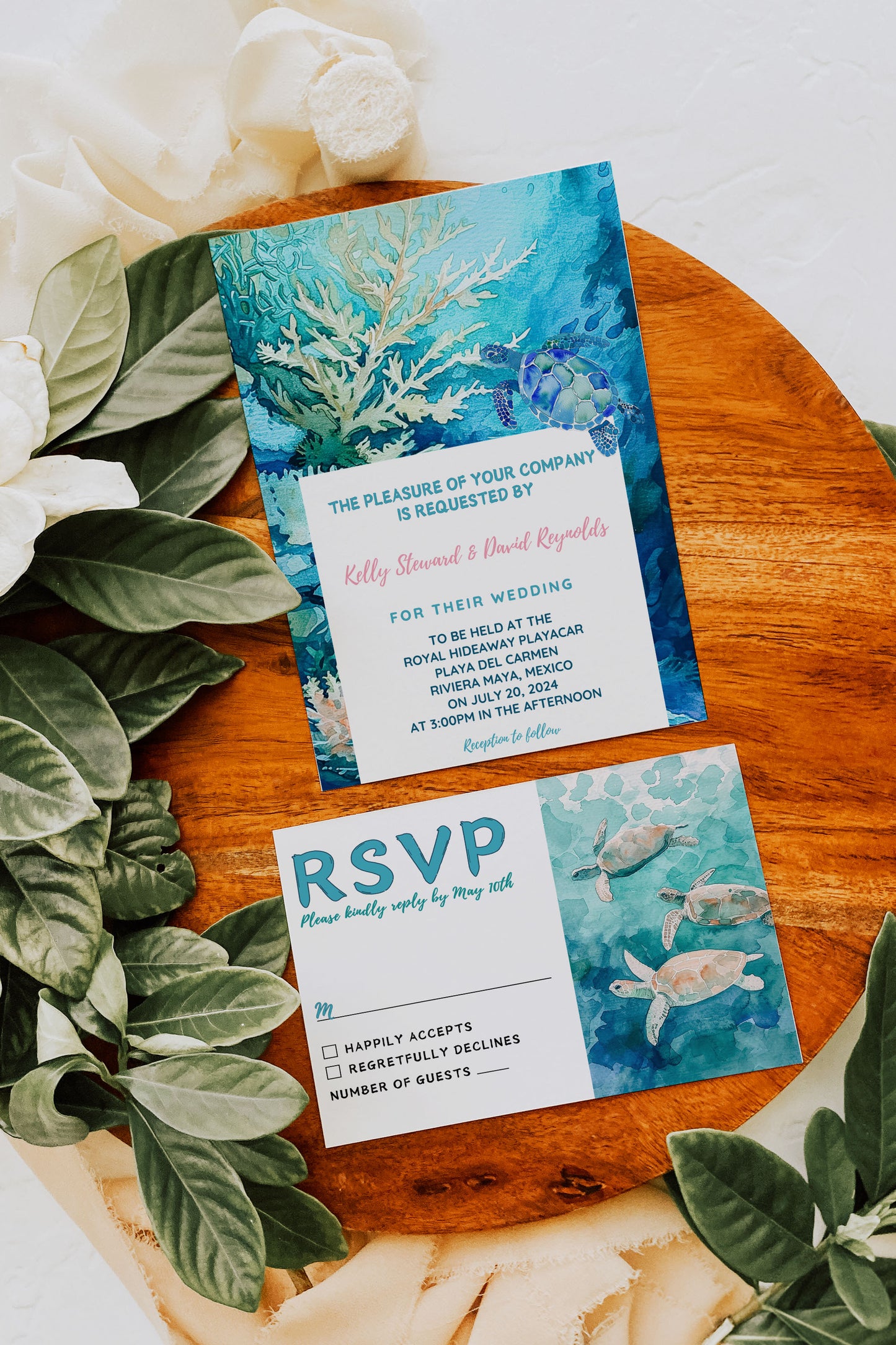 Beach Tropical Turtle Underwater Palm Tree Watercolour Destination Wedding Thank You Card 5.5x4.25" Instant Download - "Tropical Escape"
