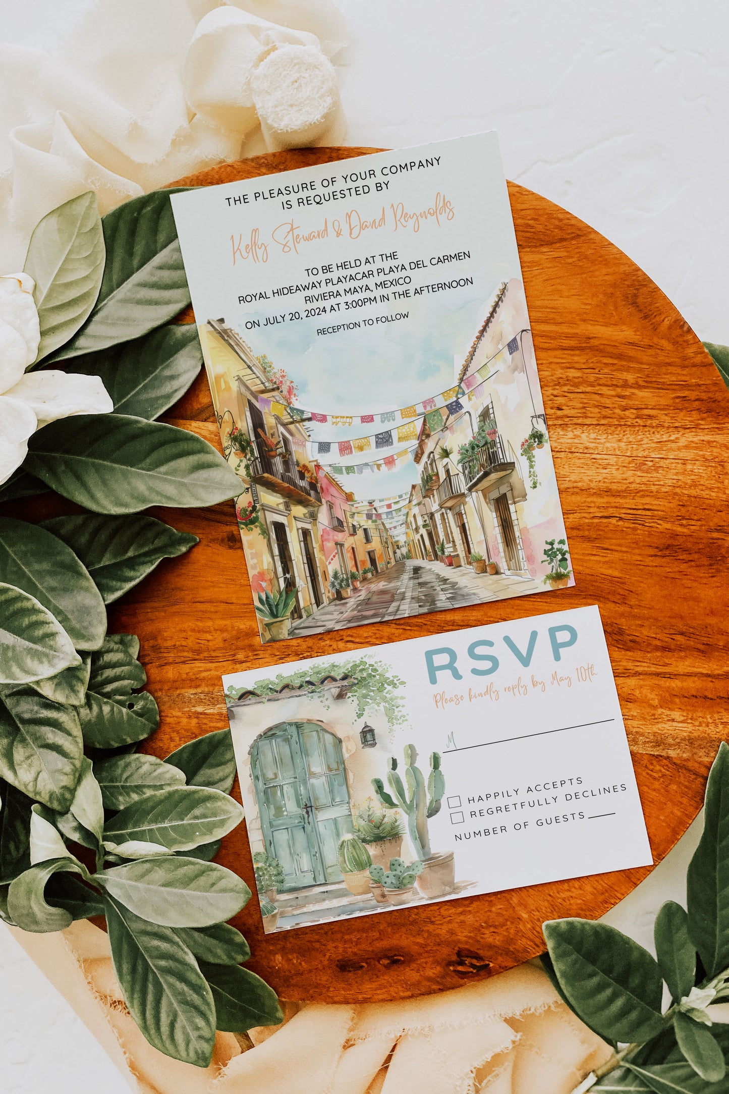 Mexico Beach Tropical Palm Tree Cactus Temple Church Watercolour Destination Wedding Table Number 5x7" Instant Download - "Mexico"