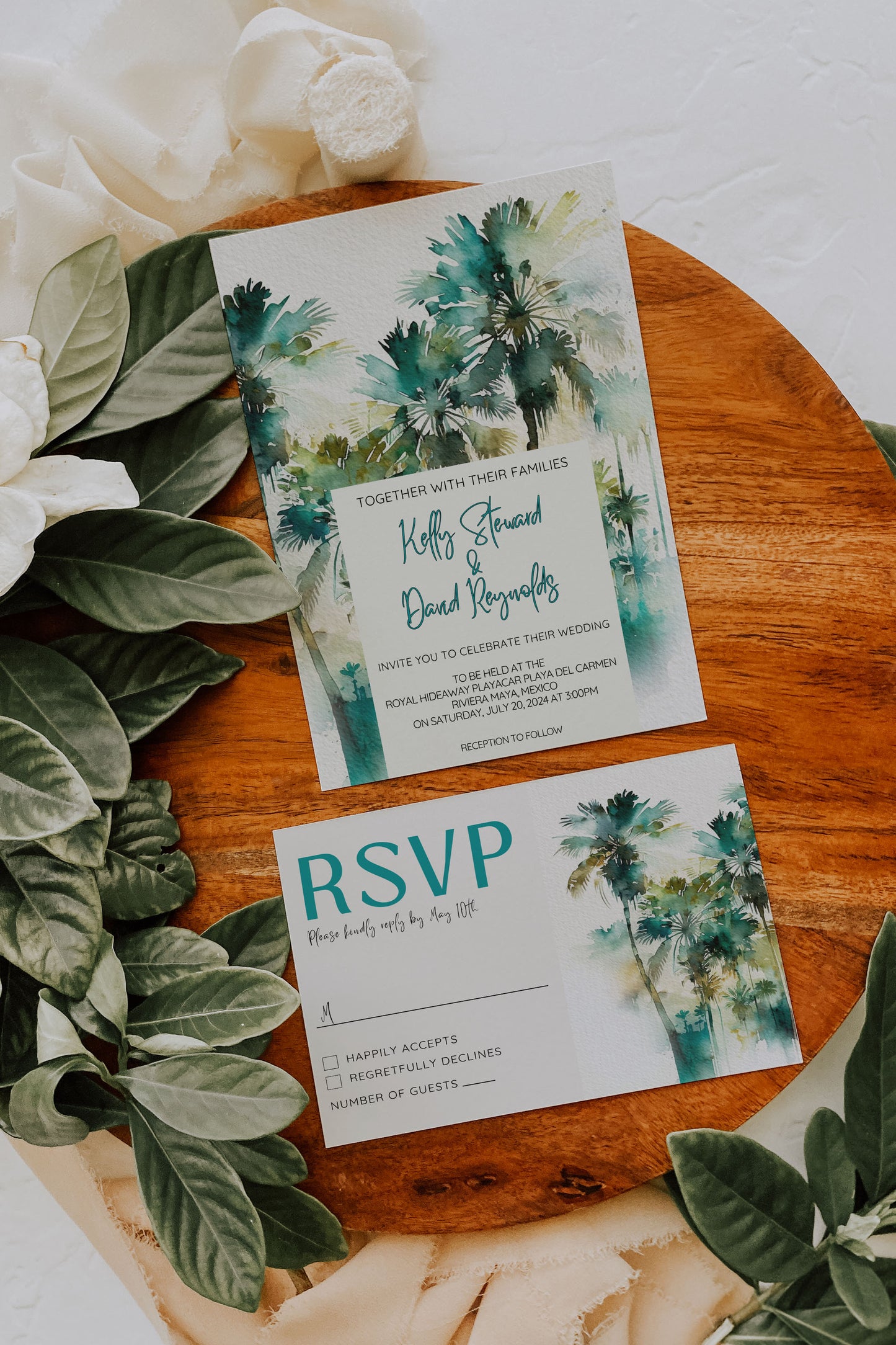 Beach Tropical Palm Tree Jungle Watercolour Destination Wedding Invitation and RSVP Suite Instant Download - "Tropical Palm"