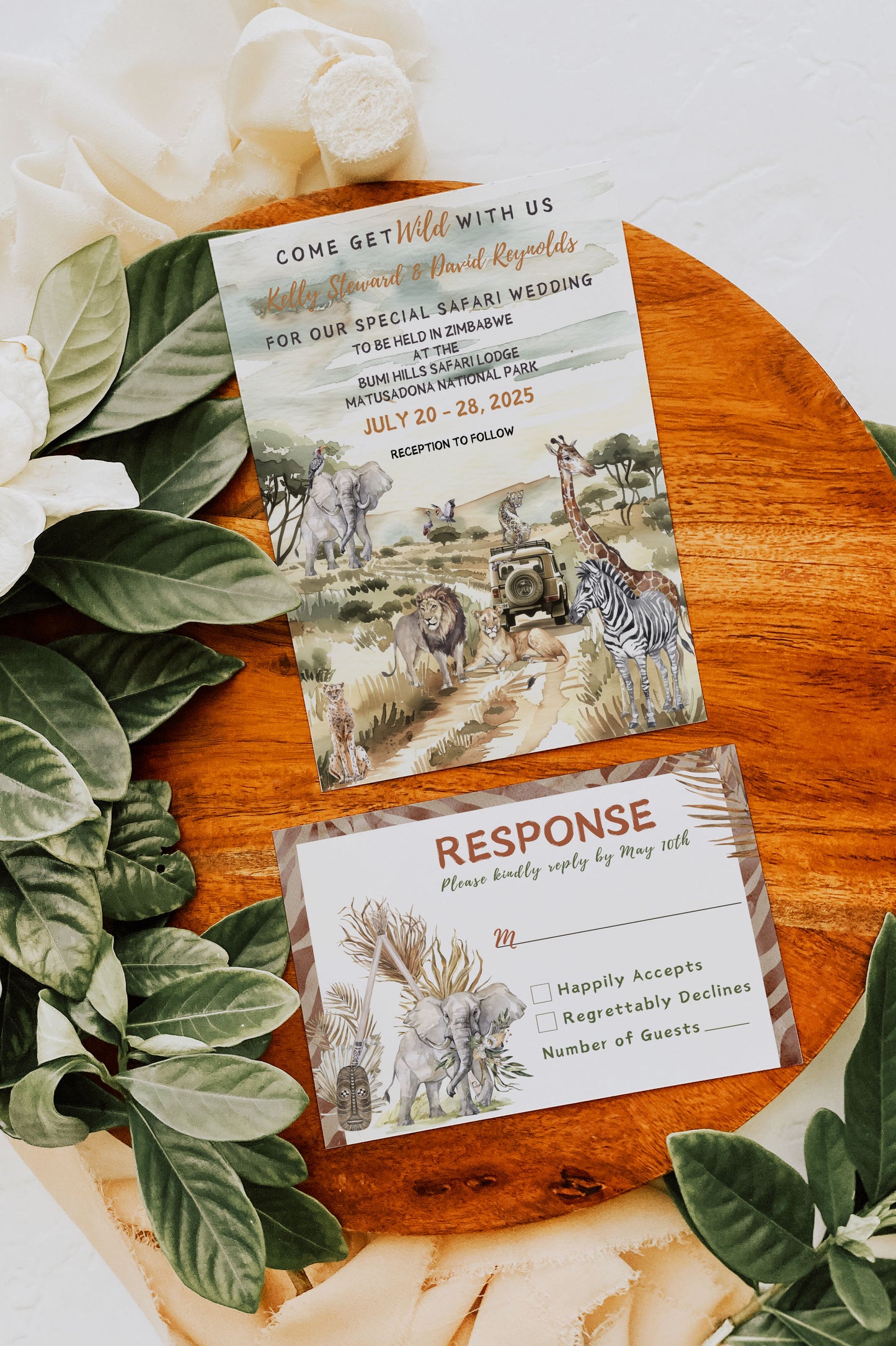 African Safari Savanna Wild Animal Tropical Palm Tree Watercolour Destination Wedding Table Number 5x7" Instant Download - "African Safari"