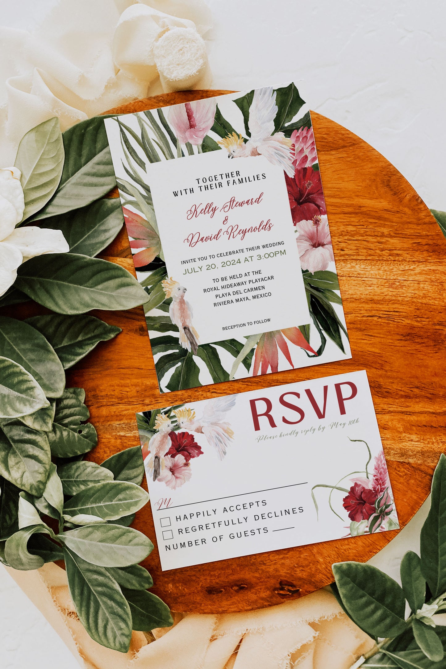Beach Tropical Hibiscus Monstera Orchid Cockatoo Hawaii Mexico Watercolour Destination Wedding Menu 5x7" Instant Download - "Monstera"