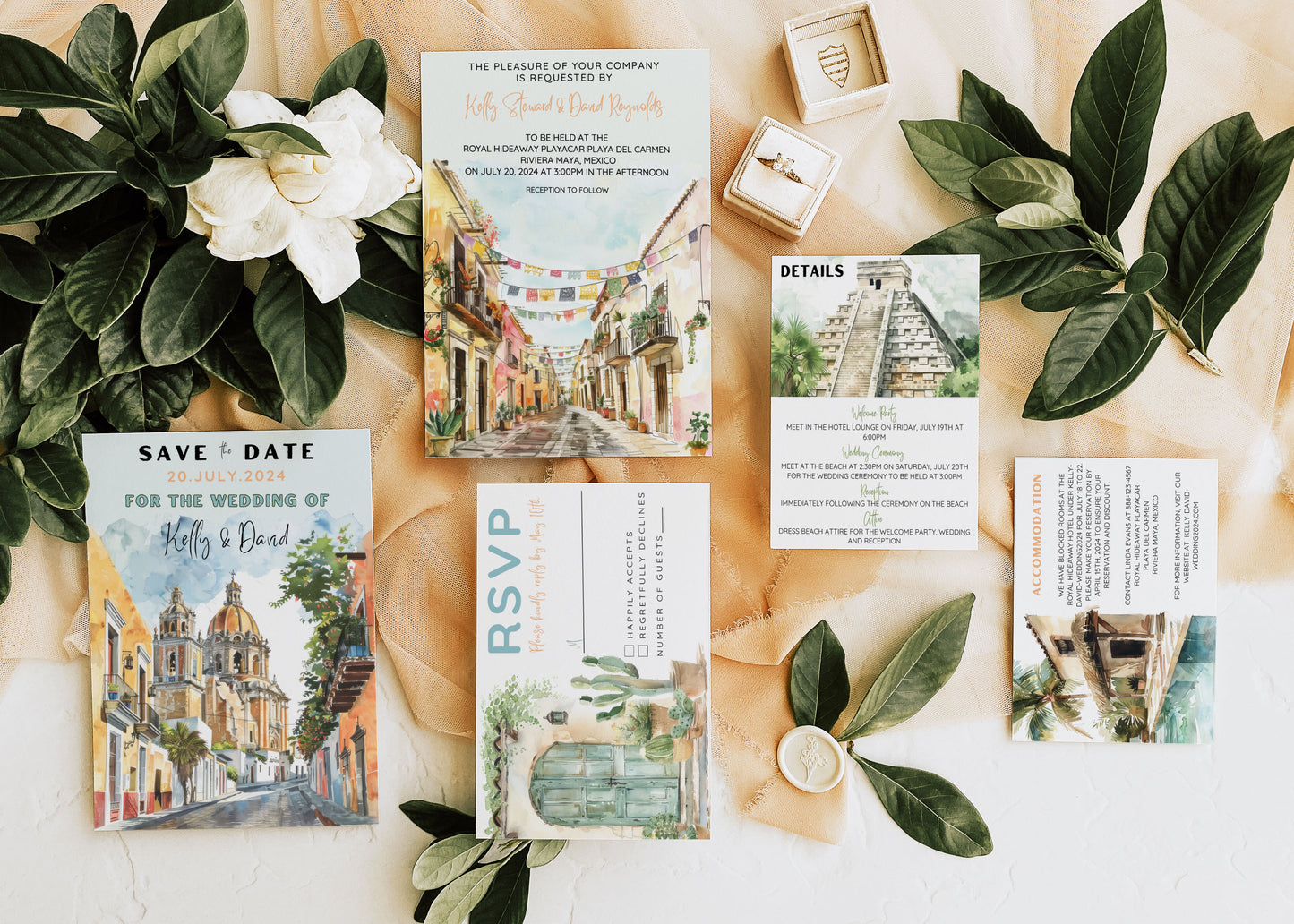 Mexico Beach Tropical Palm Tree Cactus Temple Church Watercolour Destination Wedding Table Number 5x7" Instant Download - "Mexico"