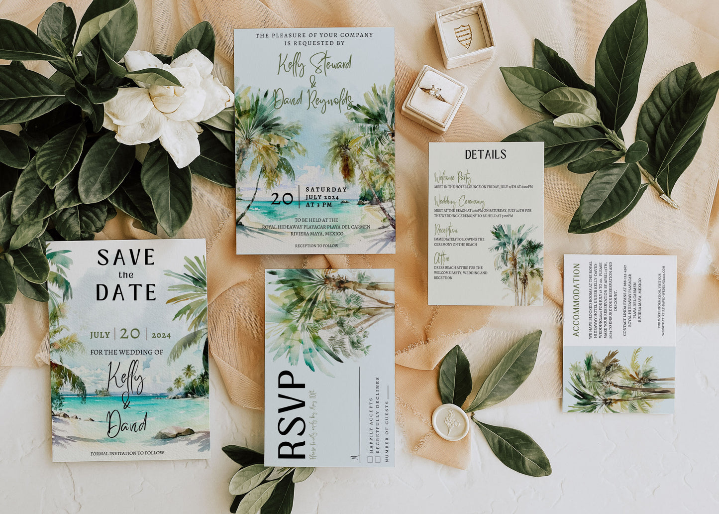 Beach Tropical Palm Trees Watercolour Destination Wedding Invitation and RSVP Suite Instant Download - "PALM TREES"