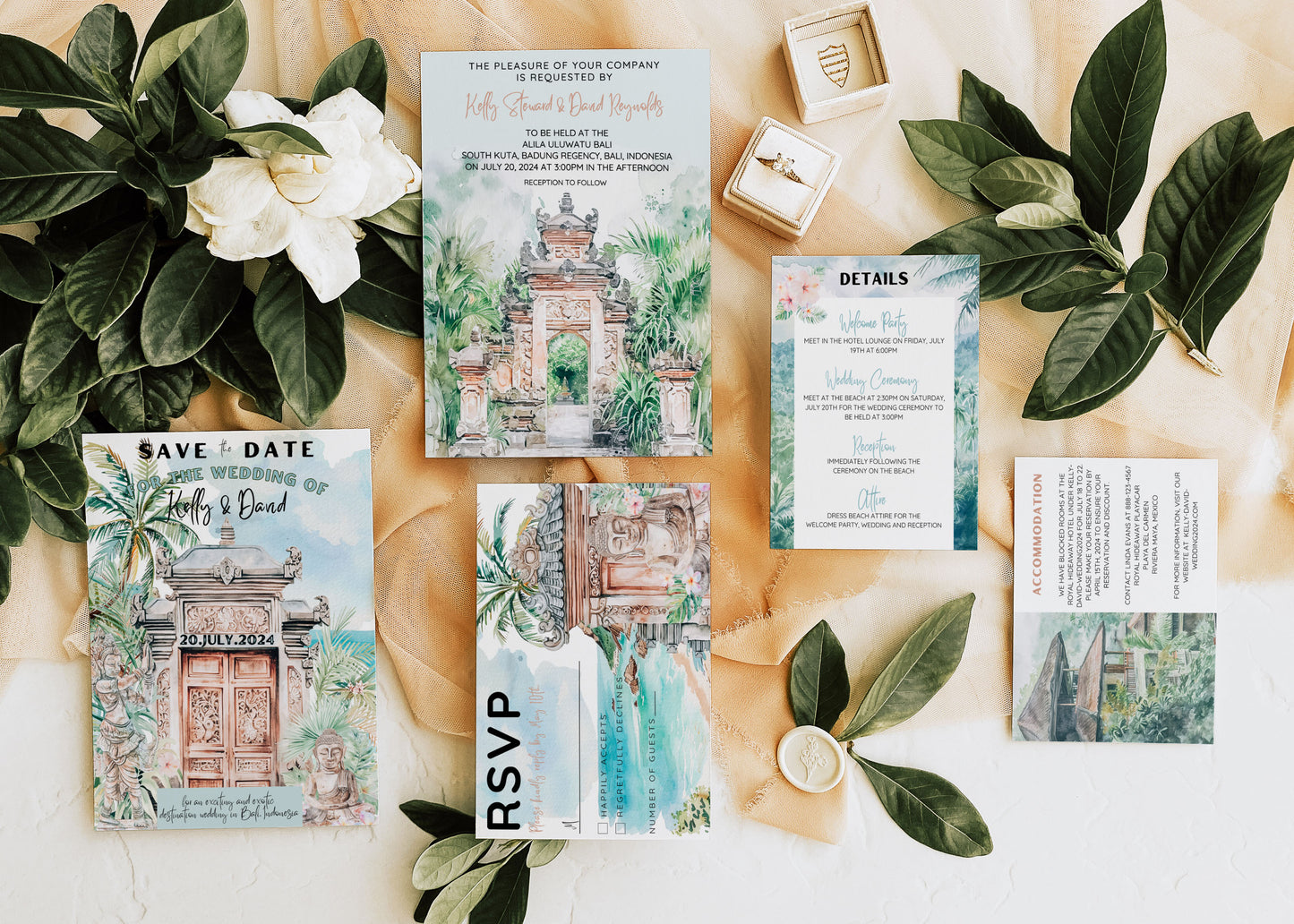 Bali Beach Tropical Palm Tree Jungle Temples Buddha Watercolour Destination Wedding Welcome Insert 4.25x5.5" Instant Download - "Bali"