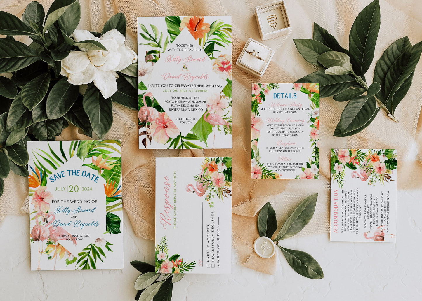 Beach Tropical Flamingo Hibiscus Frangipani Watercolour Destination Wedding Thank You Card 5.5x4.25" Instant Download - "Tropical Flamingo"