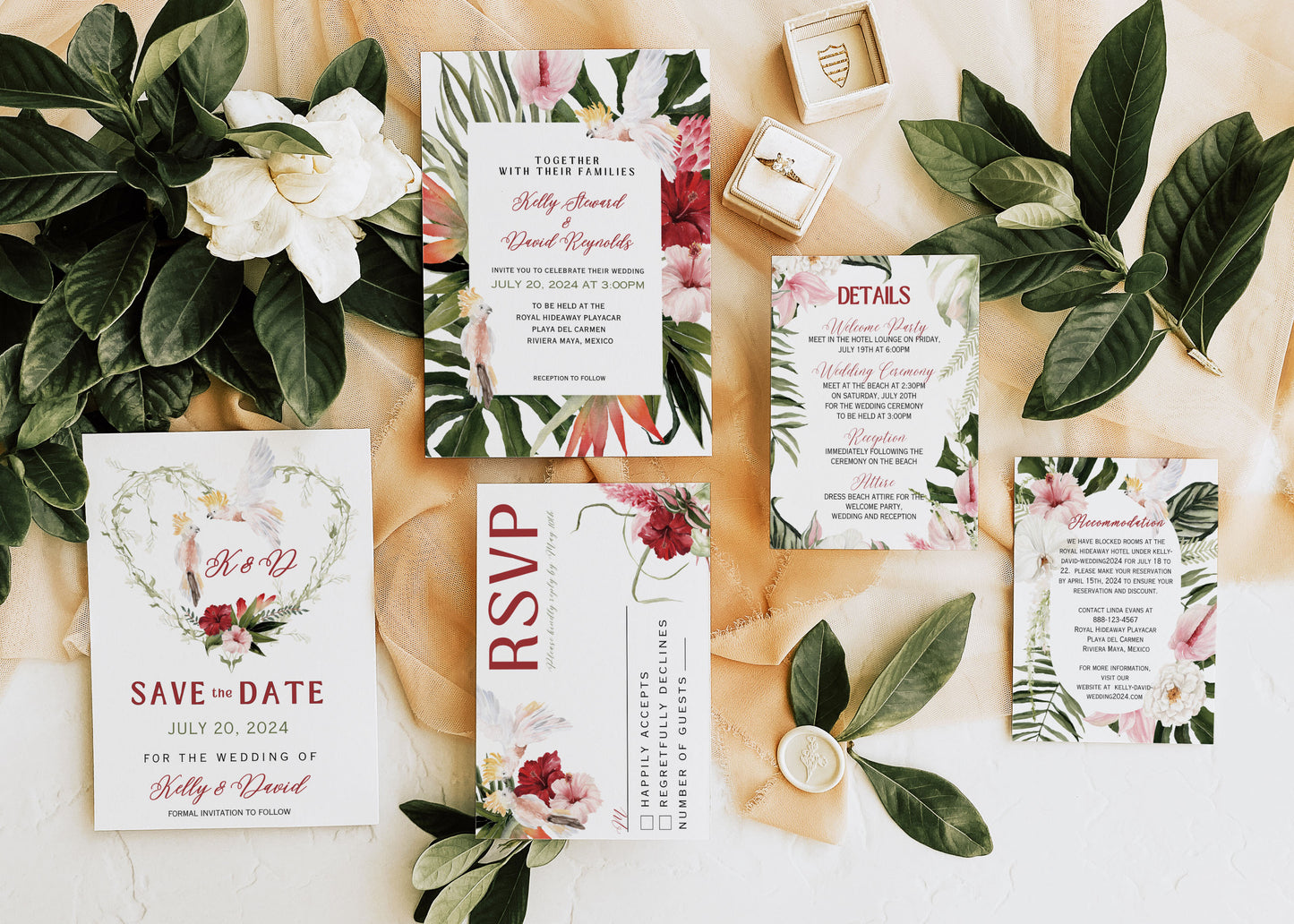 Beach Tropical Hibiscus Monstera Orchid Cockatoo Hawaii Mexico Watercolour Destination Wedding Menu 5x7" Instant Download - "Monstera"
