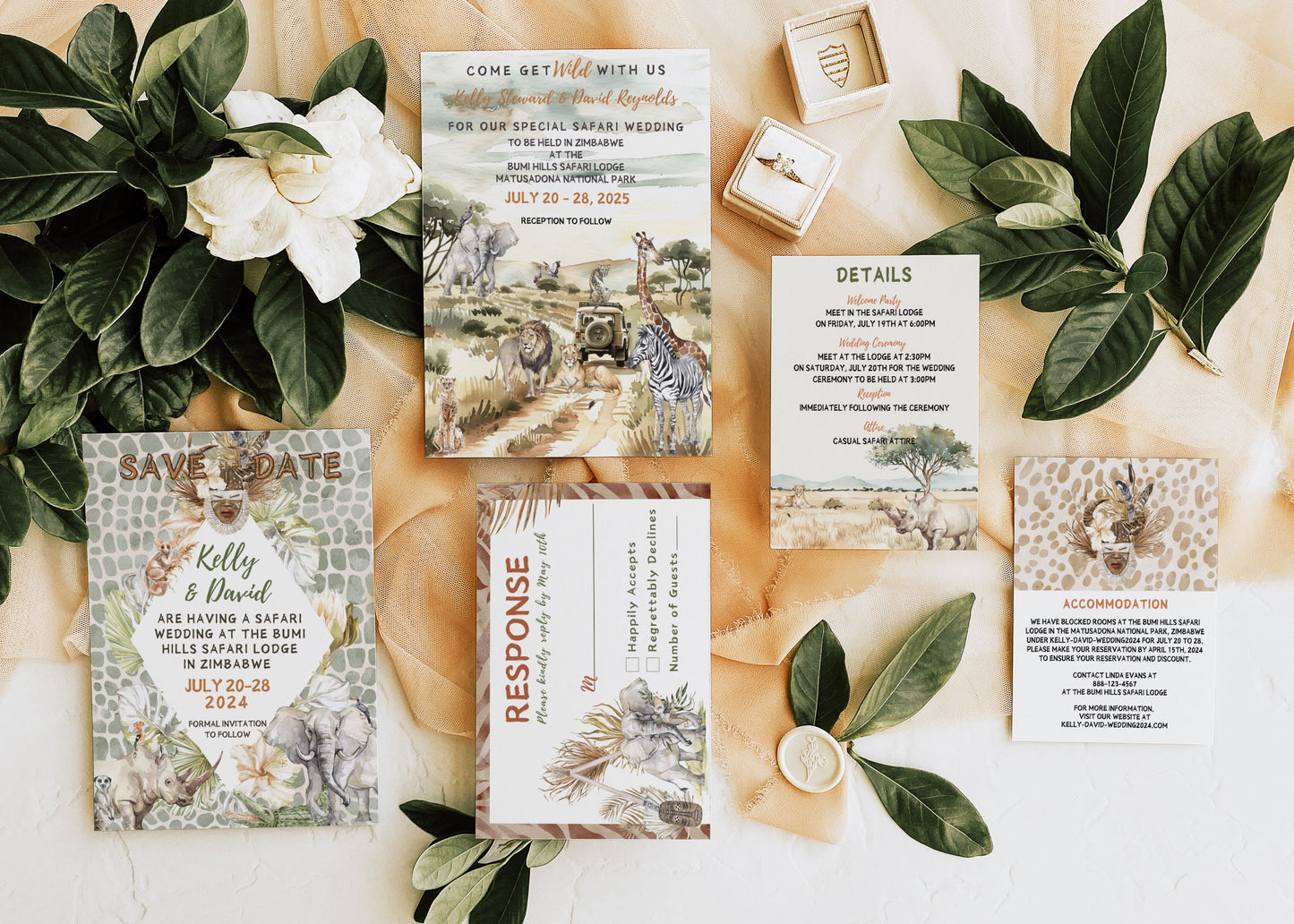 African Safari Savanna Wild Animal Tropical Palm Tree Watercolour Destination Wedding Table Number 5x7" Instant Download - "African Safari"