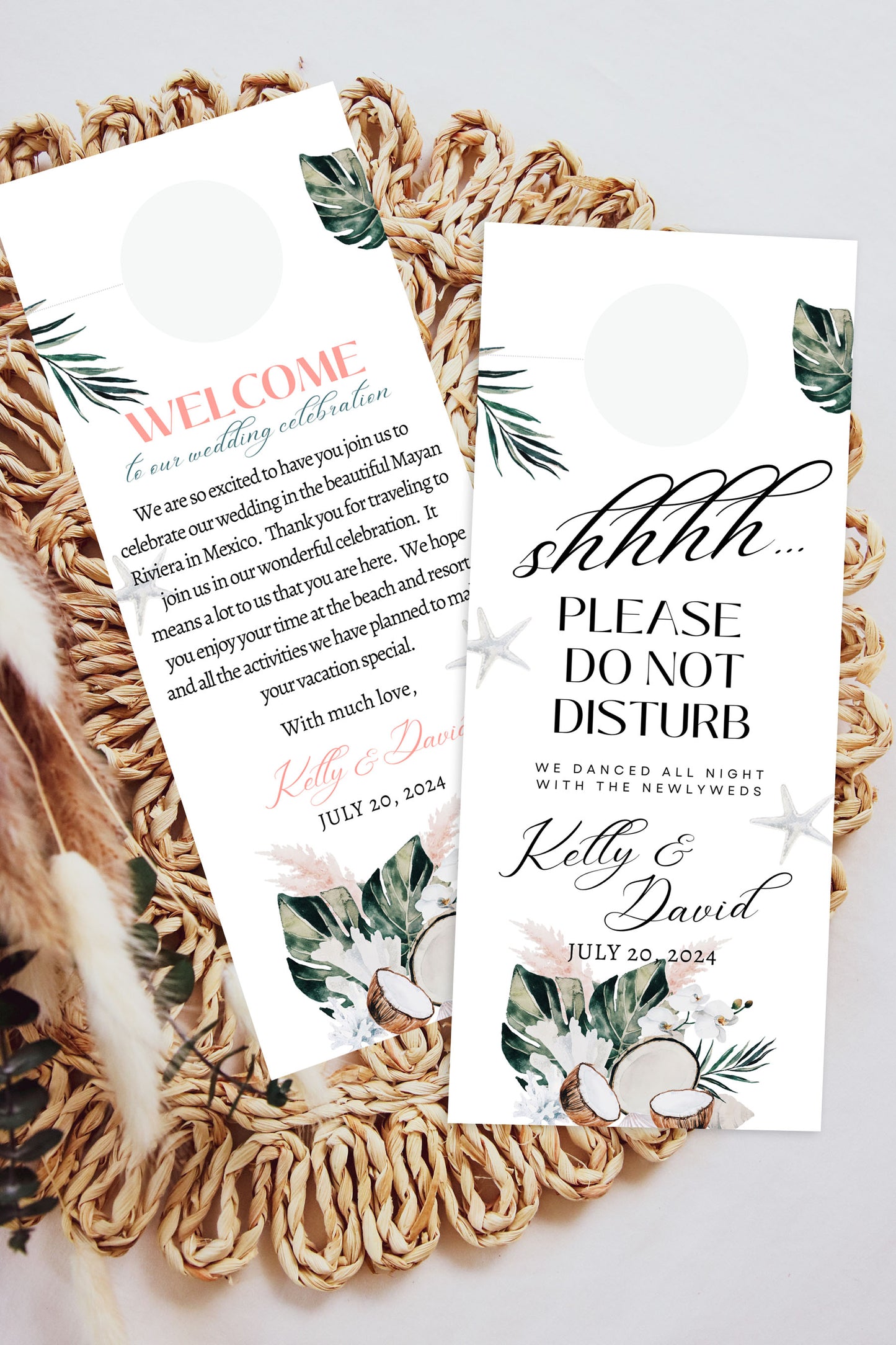 Beach Tropical Sea Shells Coral Coconut Watercolour Destination Wedding Door Hanger Sign 3.5x8.5" Instant Download - "WHITE CORAL"