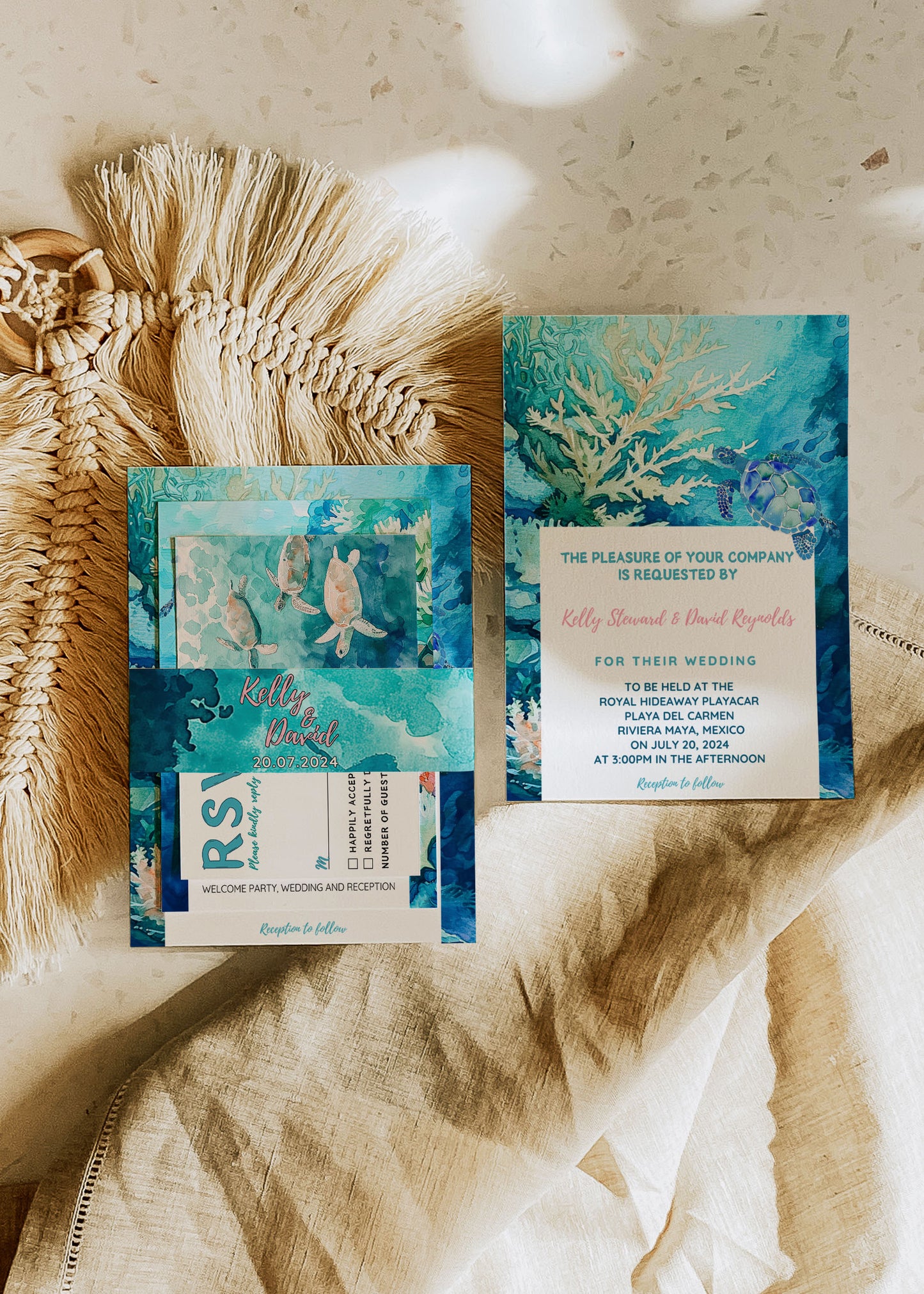 Beach Tropical Turtle Underwater Palm Tree Watercolour Destination Wedding Thank You Card 5.5x4.25" Instant Download - "Tropical Escape"