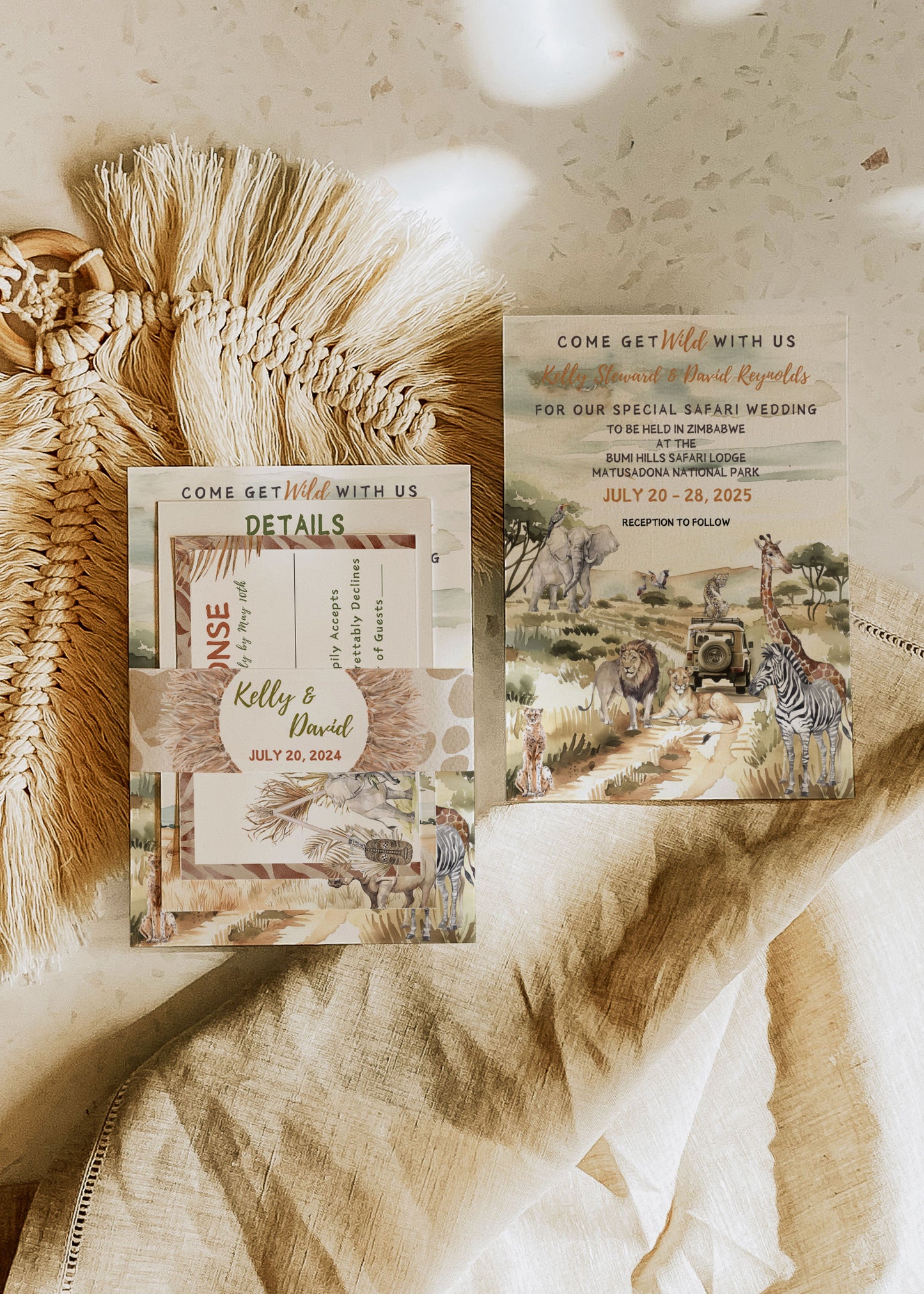 African Safari Savanna Wild Animal Tropical Palm Tree Watercolour Destination Wedding Table Number 5x7" Instant Download - "African Safari"