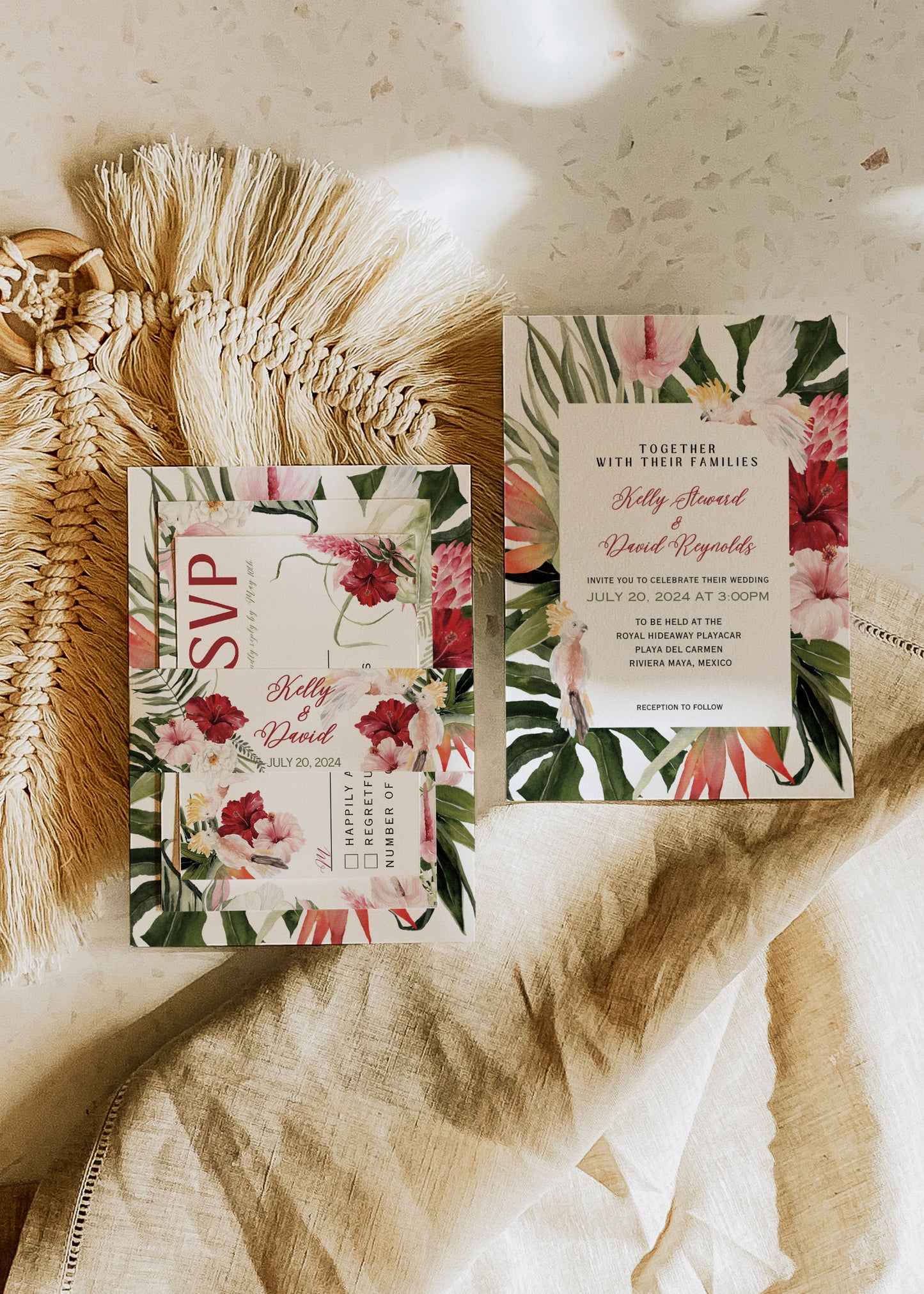 Beach Tropical Hibiscus Monstera Orchid Cockatoo Hawaii Mexico Watercolour Destination Wedding Menu 5x7" Instant Download - "Monstera"