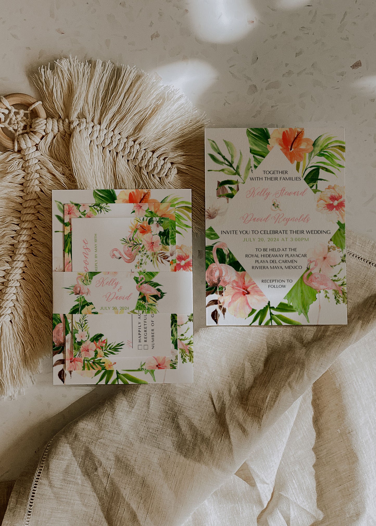 Beach Tropical Flamingo Hibiscus Frangipani Watercolour Destination Wedding Thank You Card 5.5x4.25" Instant Download - "Tropical Flamingo"