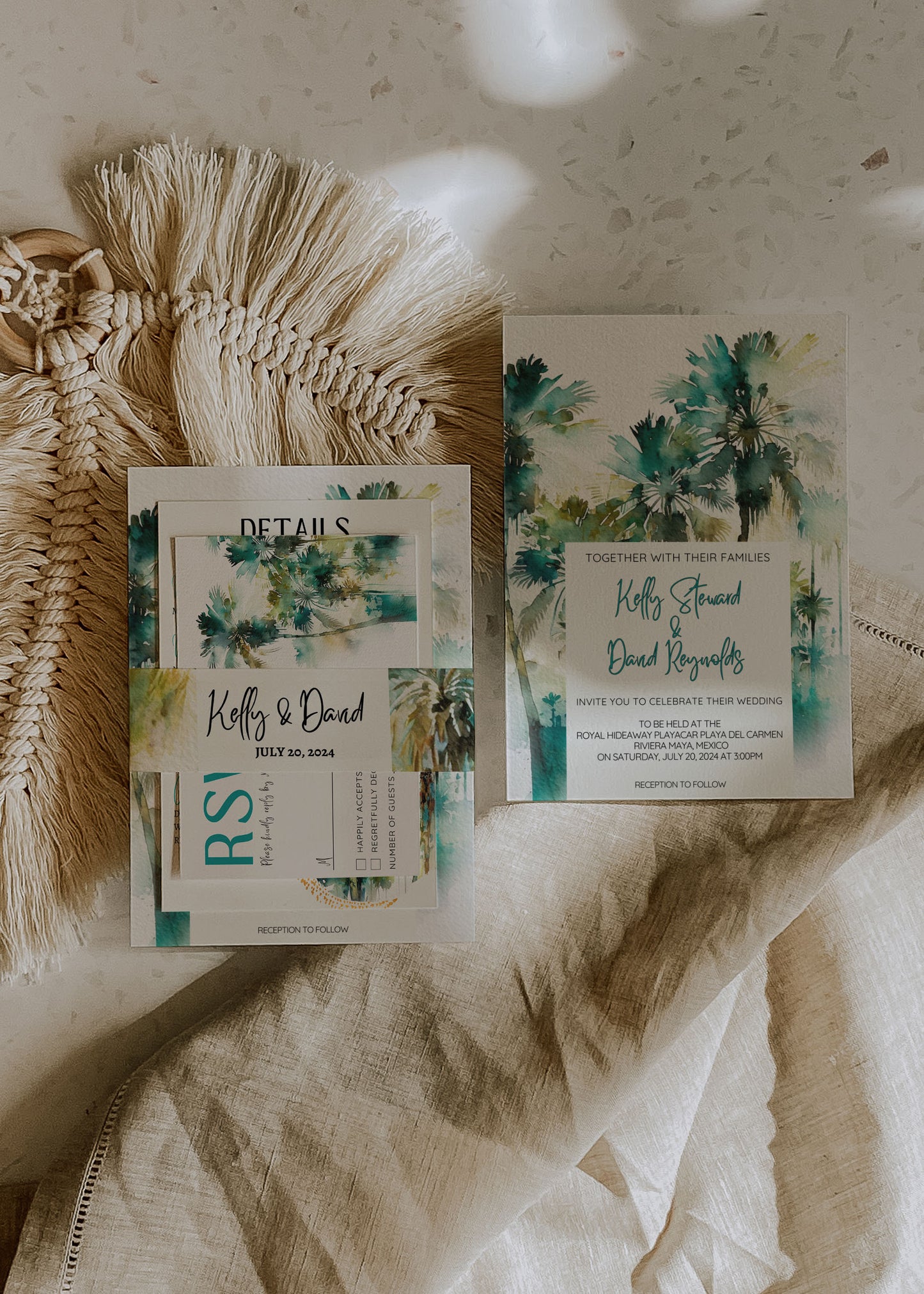 Beach Tropical Palm Tree Jungle Watercolour Destination Wedding Invitation and RSVP Suite Instant Download - "Tropical Palm"