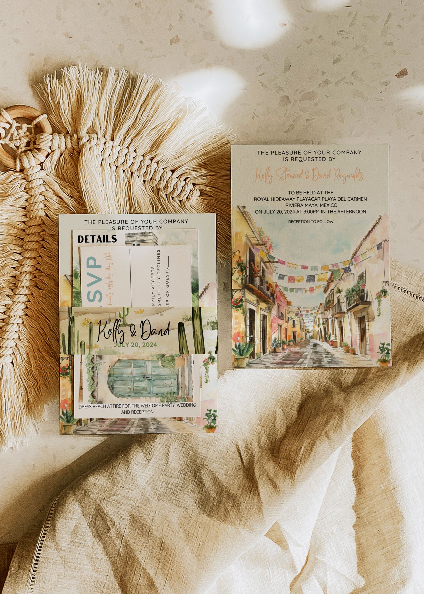 Mexico Beach Tropical Palm Tree Cactus Temple Church Watercolour Destination Wedding Table Number 5x7" Instant Download - "Mexico"