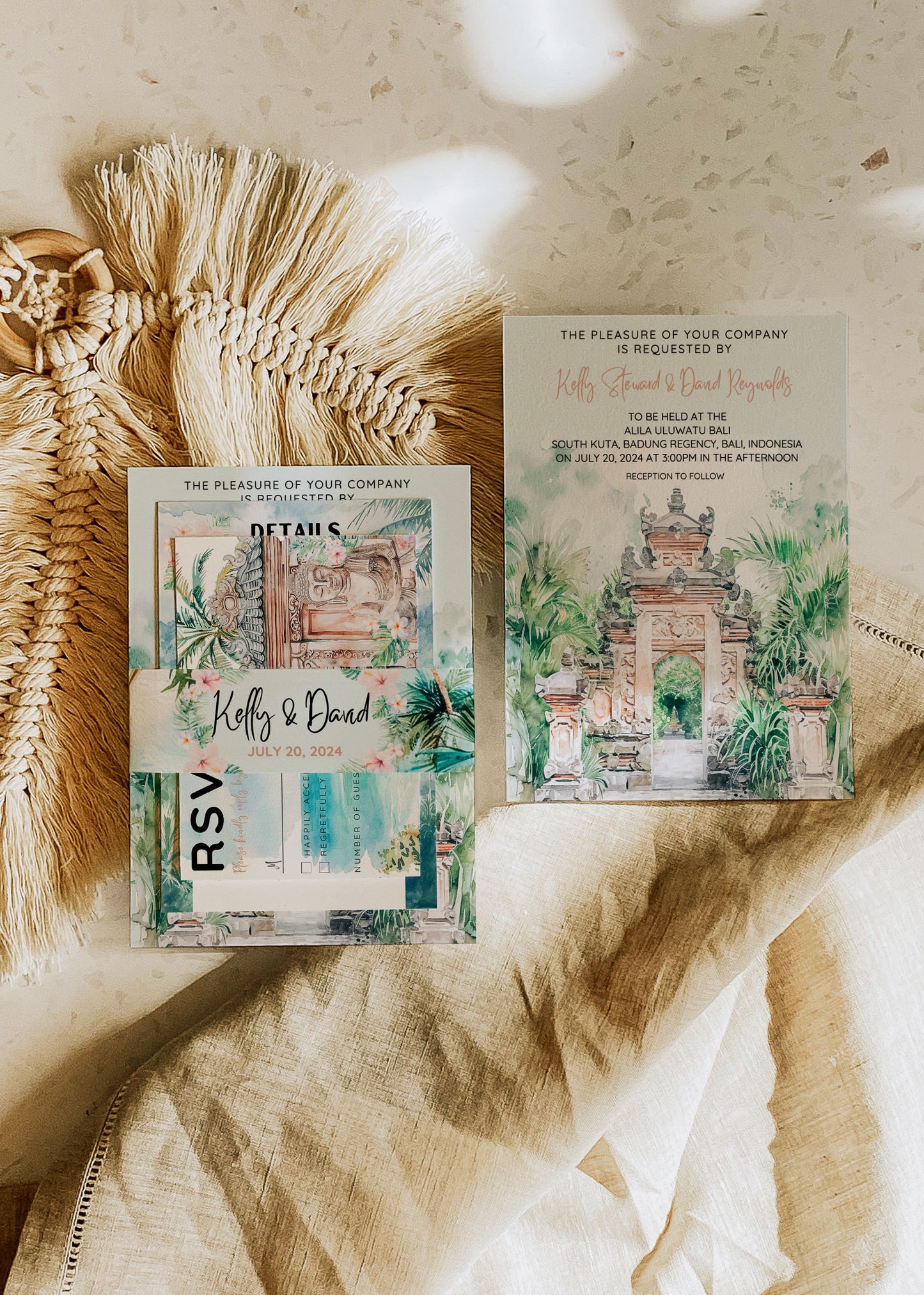 Bali Beach Tropical Palm Tree Jungle Temples Buddha Watercolour Destination Wedding Invitation and RSVP Suite Instant Download - "Bali"