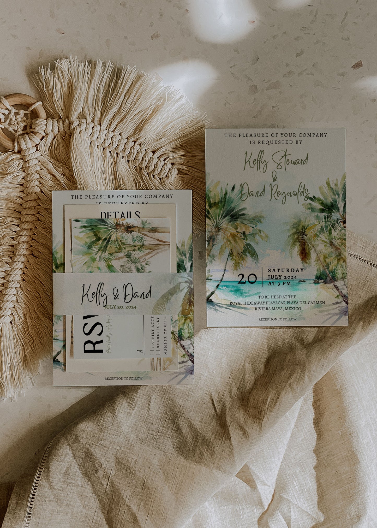 Beach Tropical Palm Trees Watercolour Destination Wedding Invitation and RSVP Suite Instant Download - "PALM TREES"
