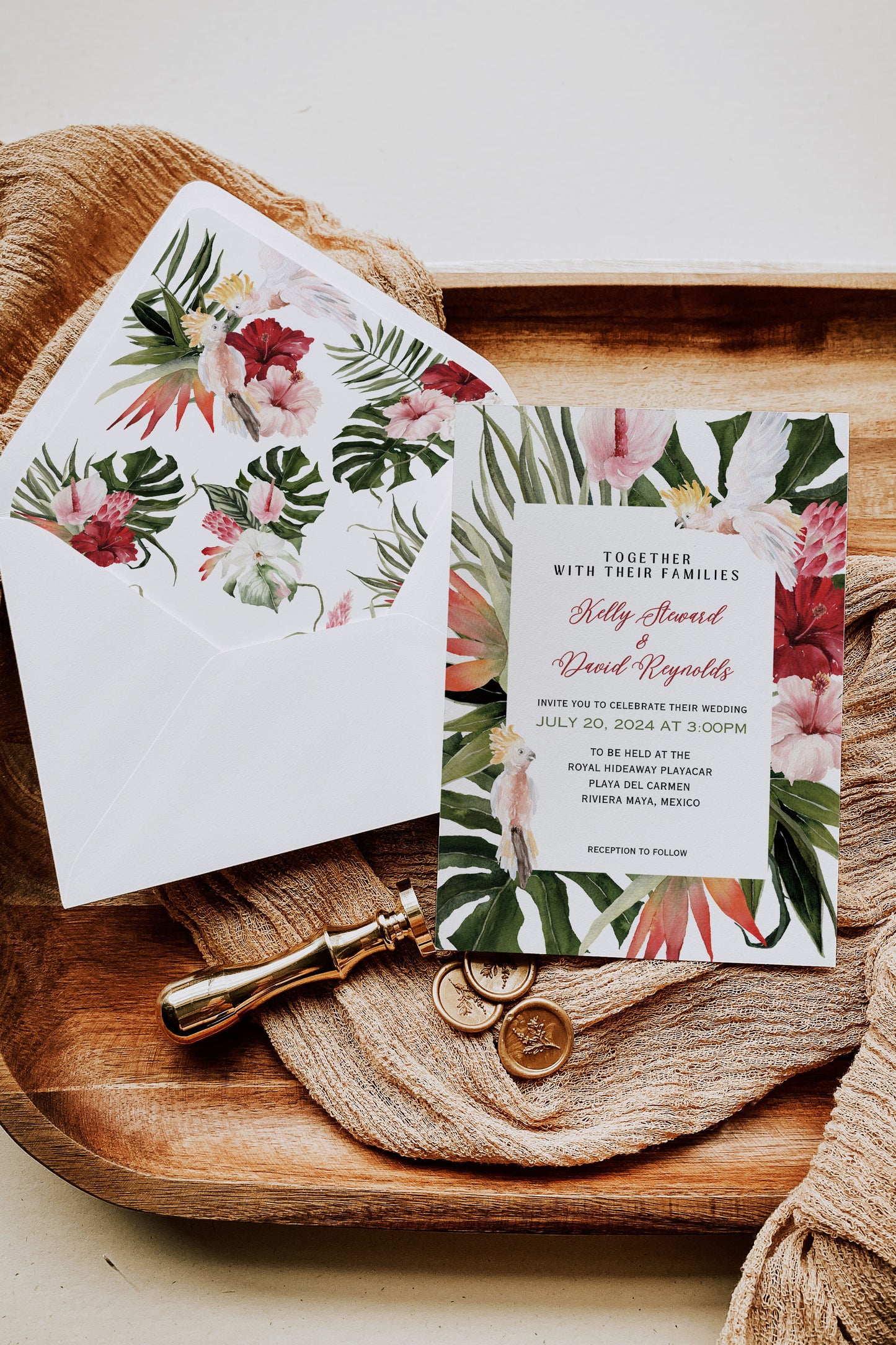 Beach Tropical Hibiscus Jungle Orchid Cockatoo Heart Watercolour Destination Wedding Save the Date Instant Download - "Hibiscus"