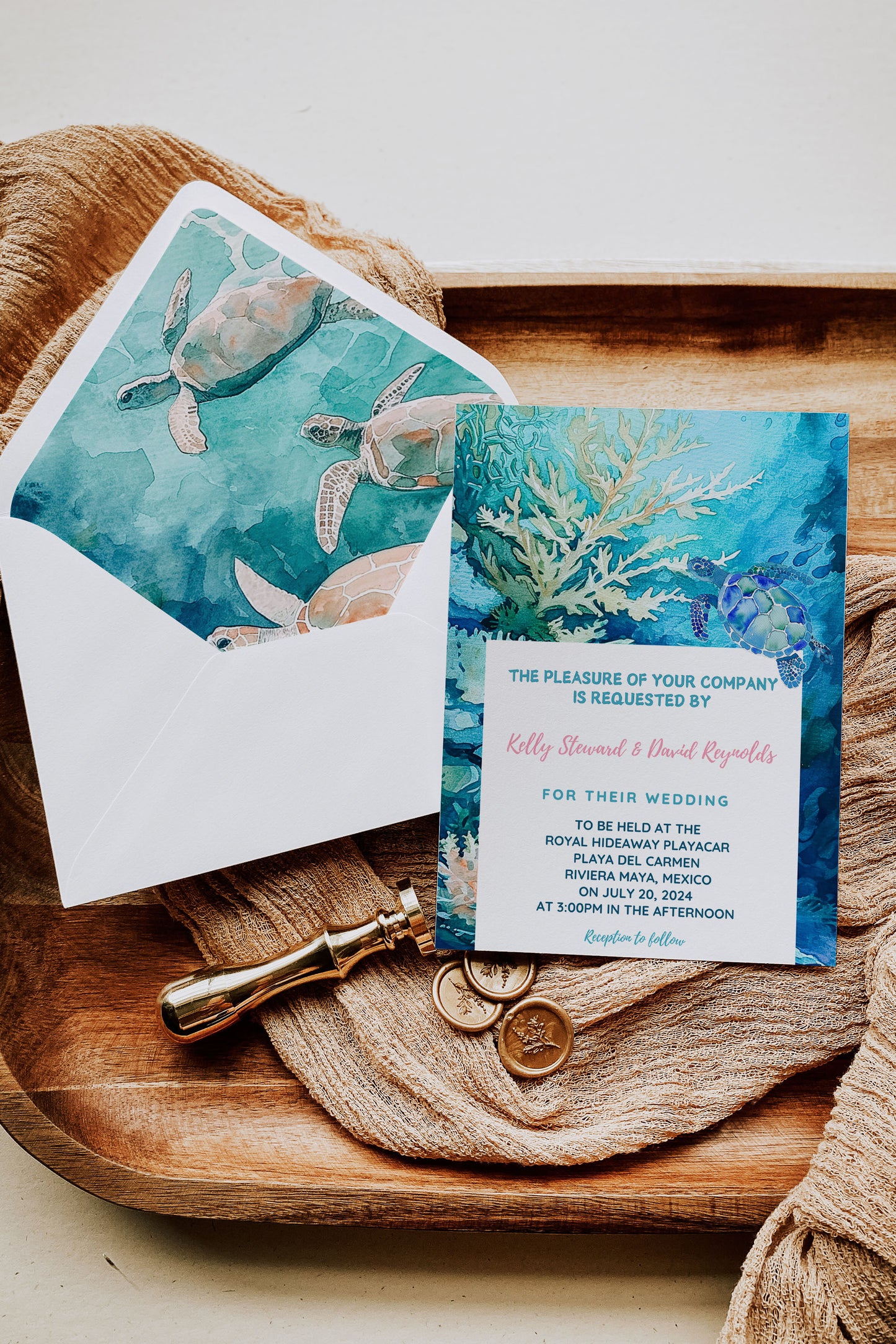 Beach Tropical Turtle Underwater Palm Tree Watercolour Destination Wedding Invitation and RSVP Suite Instant Download - "Tropical Escape"