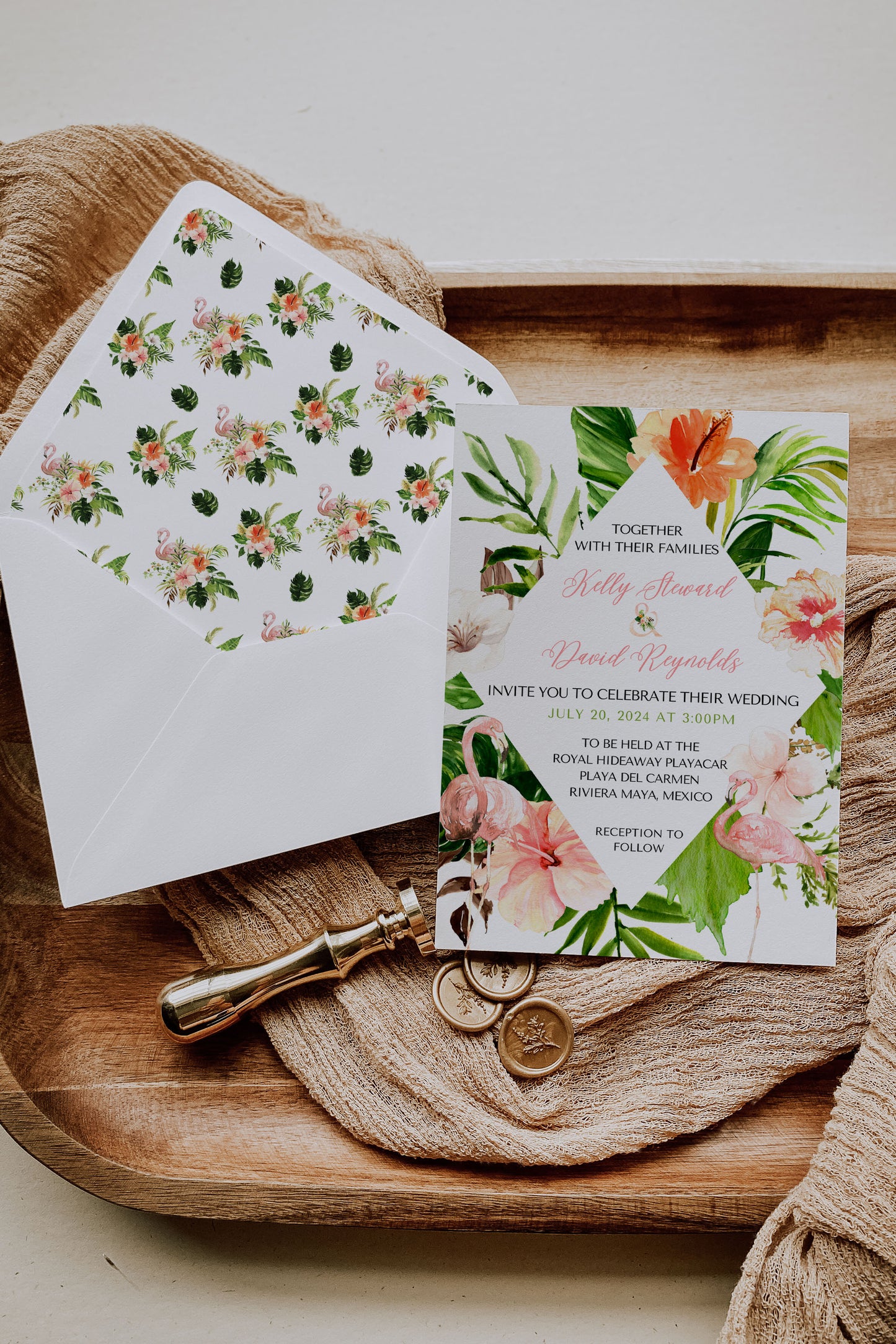 Beach Tropical Flamingo Hibiscus Frangipani Watercolour Destination Wedding Invitation and RSVP Suite Instant Download - "Tropical Flamingo"