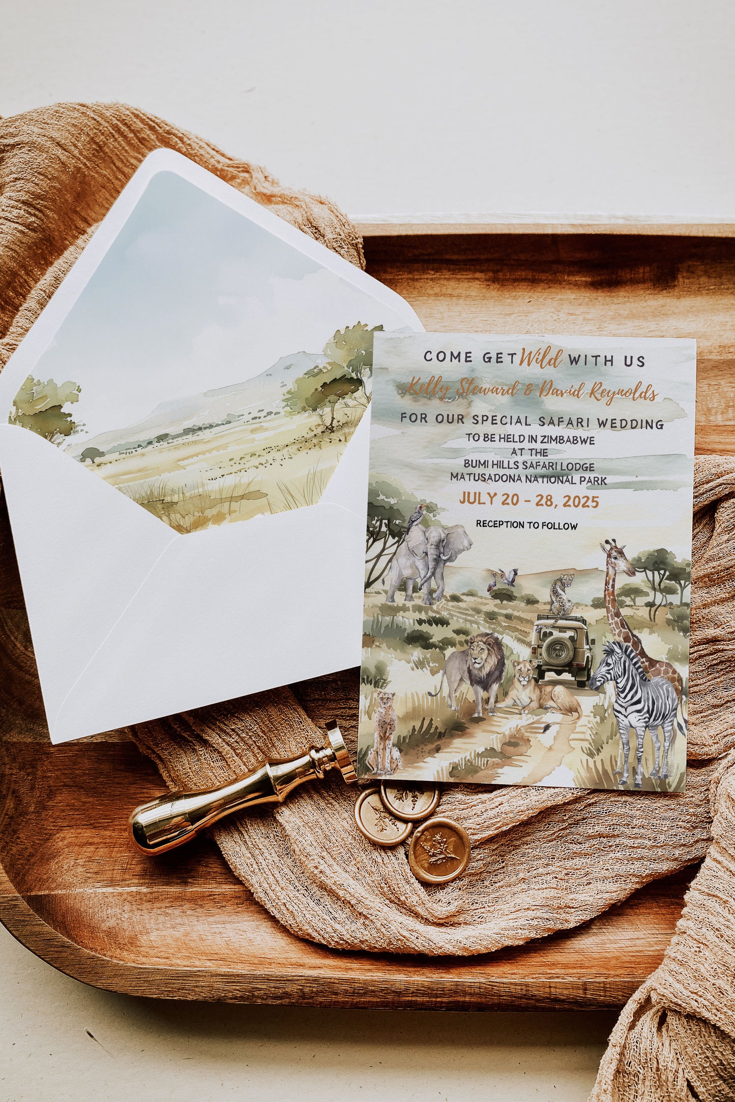 African Safari Savanna Wild Animal Tropical Palm Tree Watercolour Destination Wedding Invitation and RSVP Suite Instant Download - "African Safari"