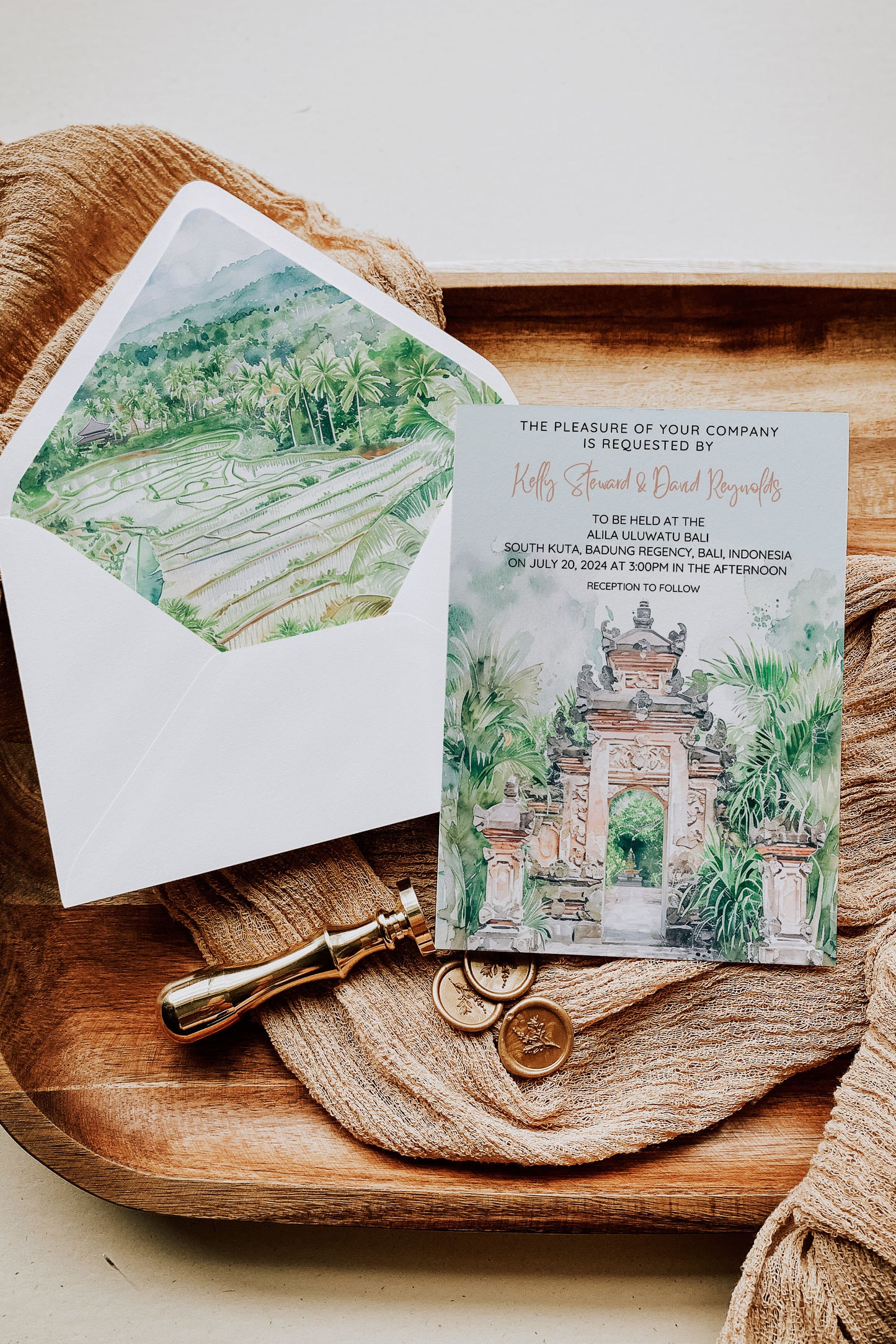 Bali Beach Tropical Palm Tree Jungle Temples Buddha Watercolour Destination Wedding Invitation and RSVP Suite Instant Download - "Bali"