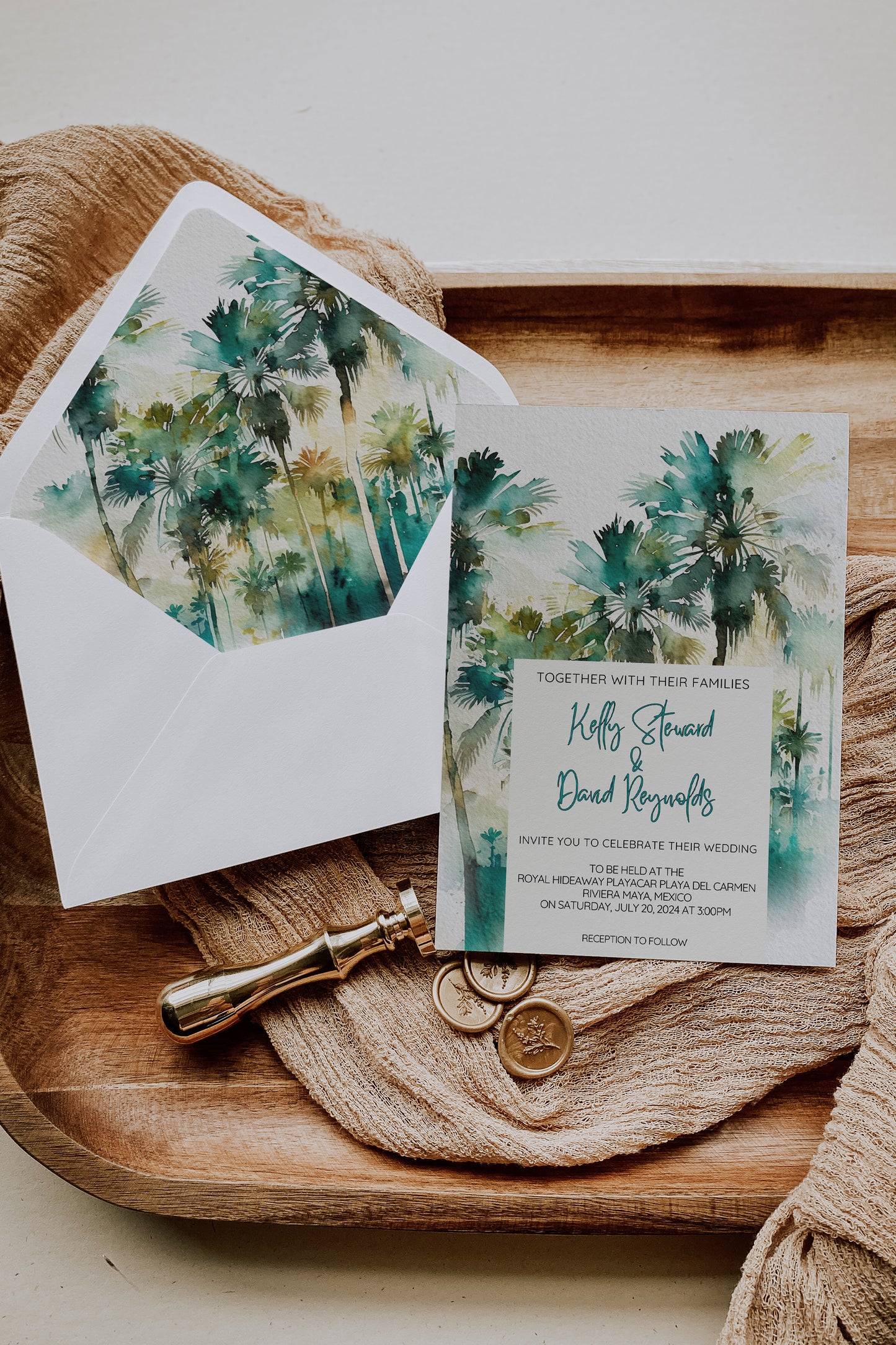 Beach Tropical Palm Tree Jungle Watercolour Destination Wedding Invitation and RSVP Suite Instant Download - "Tropical Palm"